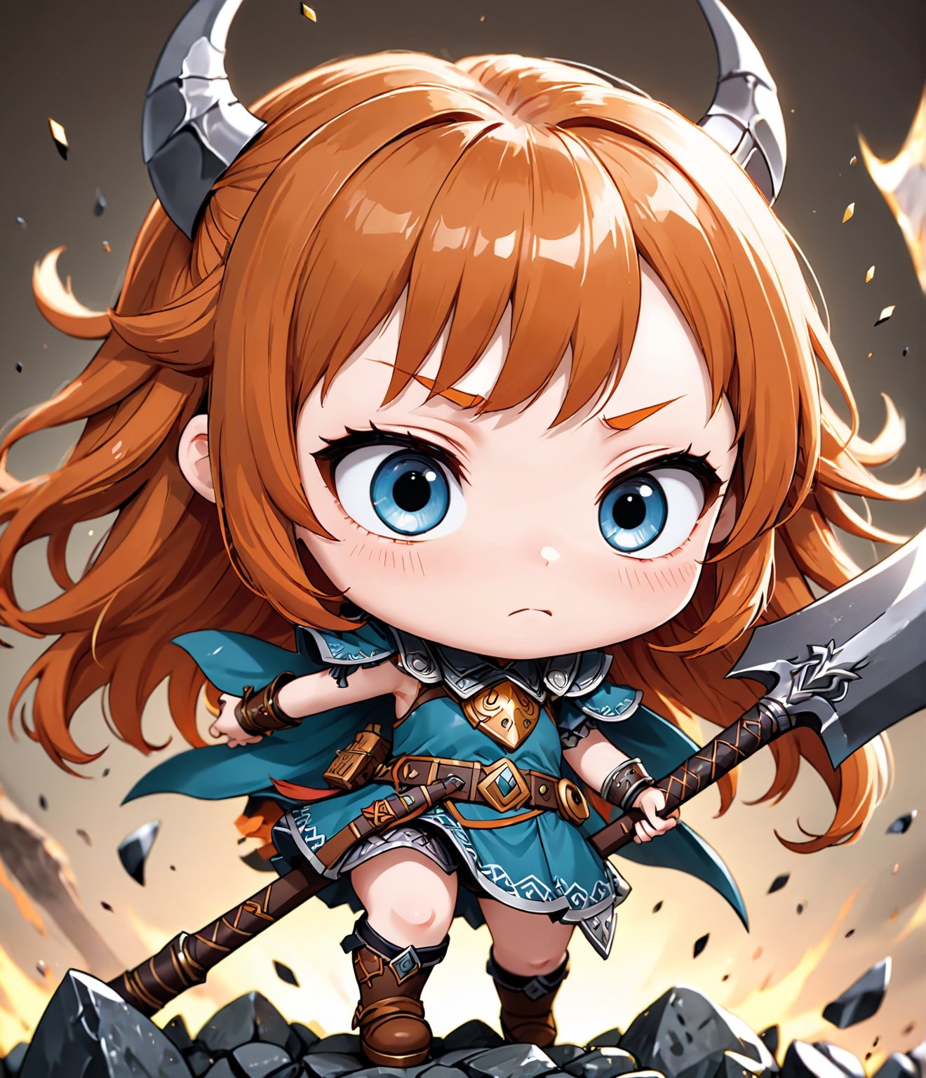 Masterpiece, 4K, ultra detailed, ((solo)), chibi anime style, viking woman with ginger hair, feeling dizzy, big detailed eyes, holding double sided battle axe, more detail XL, SFW, dynamic angle, depth of field,