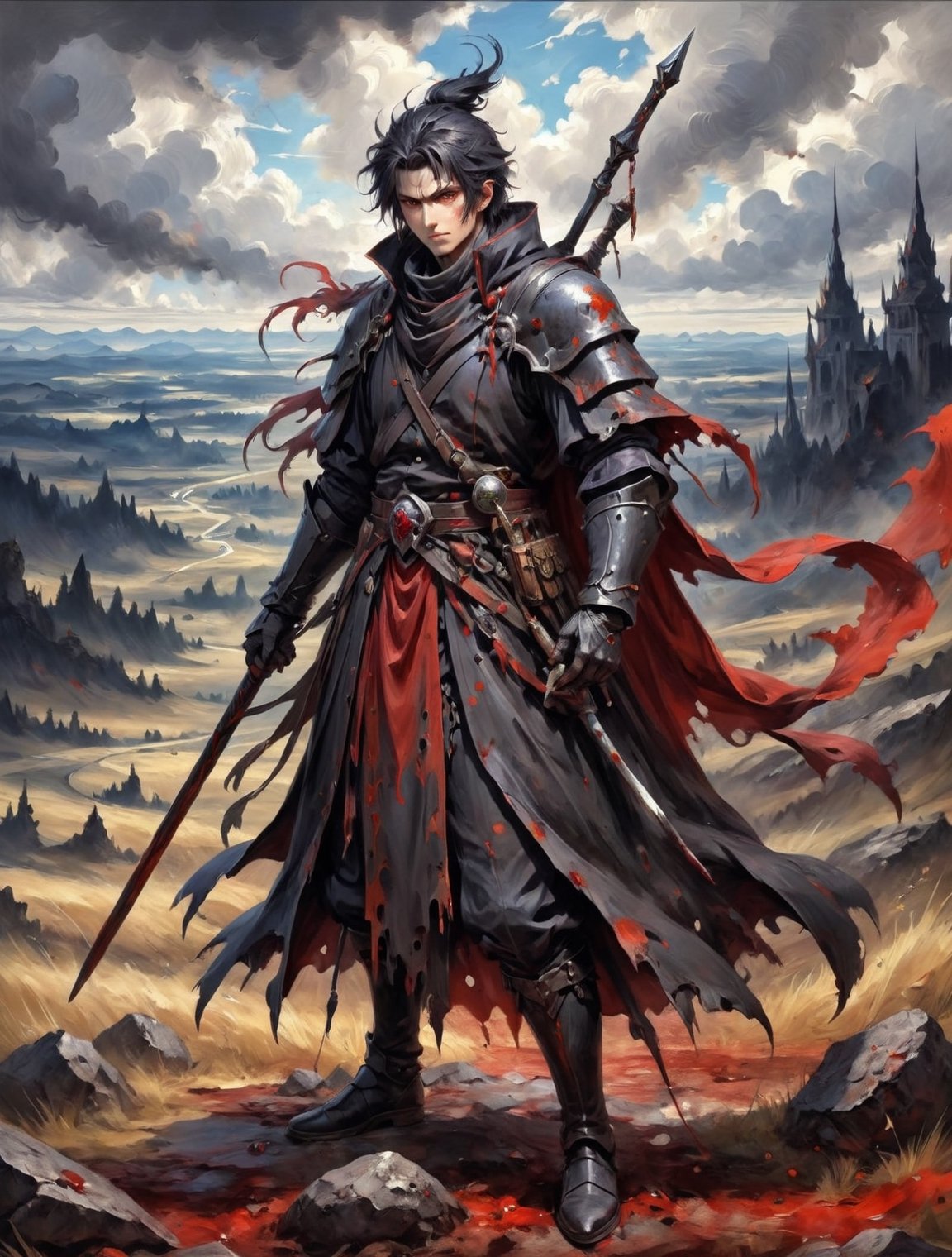 ((anime)), 1 Stocky warlock holding a Lance in his right hand, bloody battlefield background, from above, ,realistic, digital painting