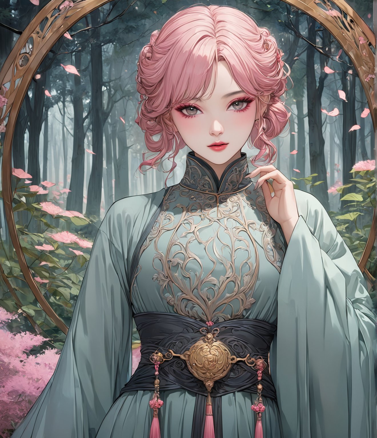 (masterpiece, high quality, 8K resolution, ultra detailed), pretty woman with glamourous makeup, smokey eyeshadow, pink hair, depth of field,han fu, long sleeve, best quality, SFW, misty magical forest, Art Nouveau Style,