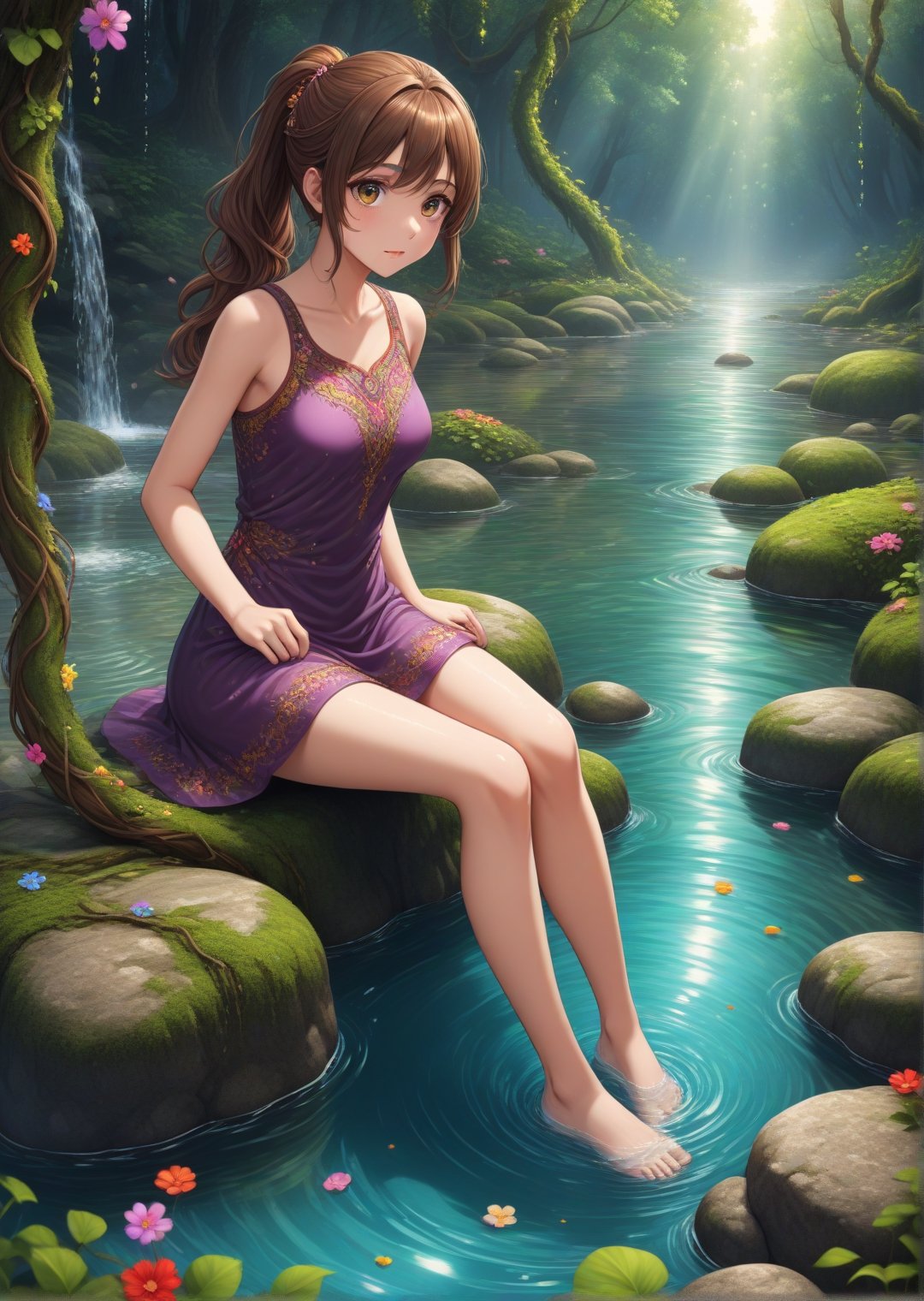 Solo, full body closeup portrait, anime style, beautiful woman with long brown hair in ponytail, big detailed eyes, sitting on boulders, both feet in water kicking, in mythical forest with hanging thick vines and colorful flowers, shallow stream, water splash, reflections, pebbles, highly detailed, dynamic angle, more detail XL,<lora:659095807385103906:1.0>