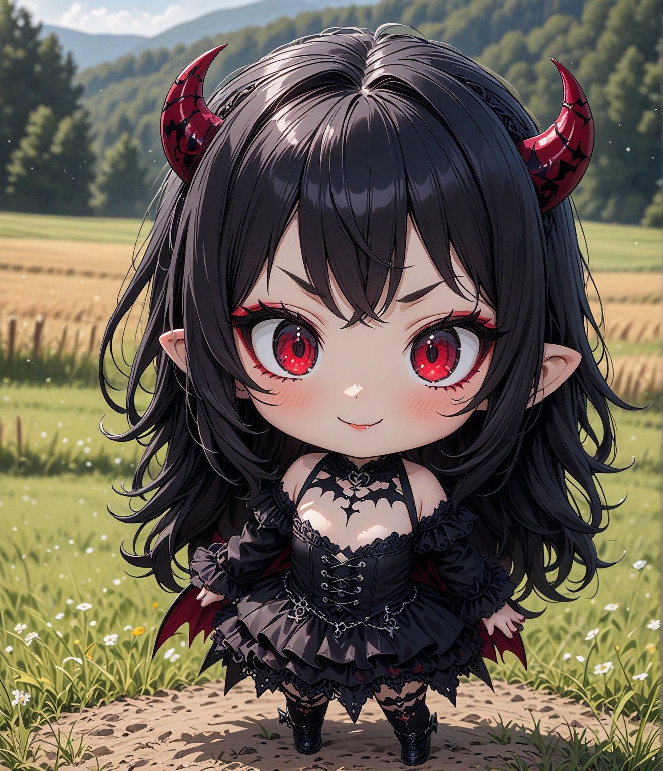 Masterpiece, 4K, ultra detailed, chibi anime style, joyful dark Satan girl with goth makeup in rural hillside country, SFW, depth of field, Details,