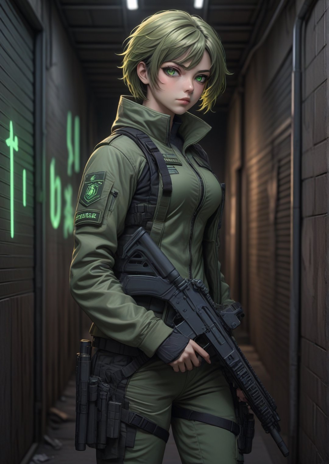 Solo, anime style, Mature female fighter wearing tactical jacket, big detailed green eyes, aiming with rifle, leaning quietly in back alley wall with neon signs, highly detailed, (full body portrait), dynamic angle, more detail XL,tacticalgear,<lora:659095807385103906:1.0>