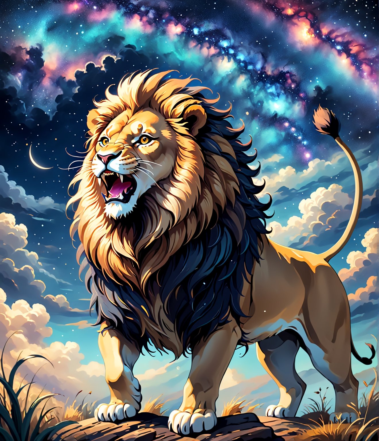 Masterpiece, 4K, ultra detailed,1 majestic lion in safari roaring, epic night sky, more detail XL, SFW, depth of field,Ink art, art nouveau style,