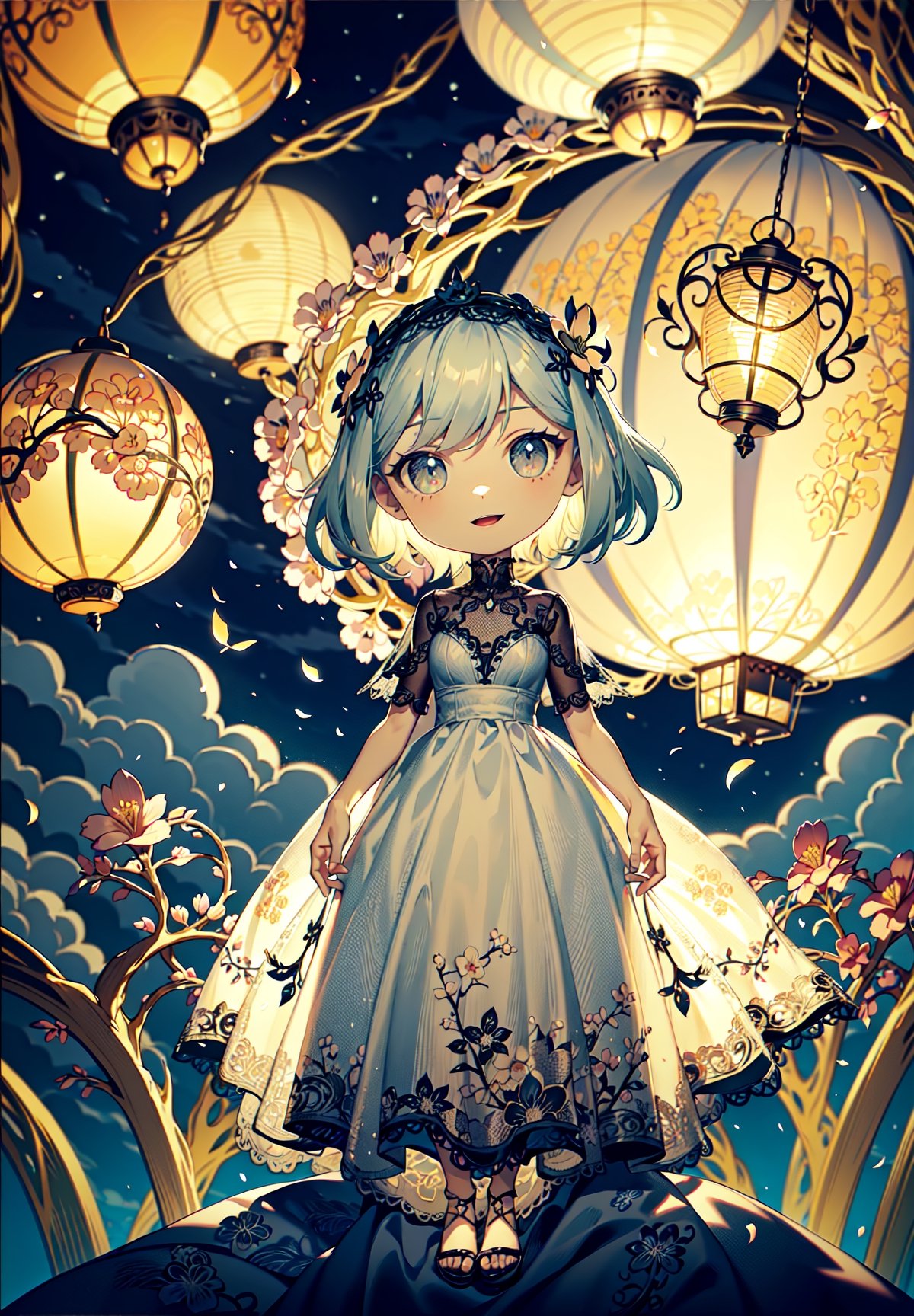 1 girl standing in a garden on a mountain, flowy long dress, lace, ornate details, big detailed eyes looking at viewers, white teeth, hair ornament, floral arrangement, lanterns, 4k, windy, photorealistic, depth of field, highly detailed, full body portrait, LaceAI, Detailedface, Detailedeyes, chibi