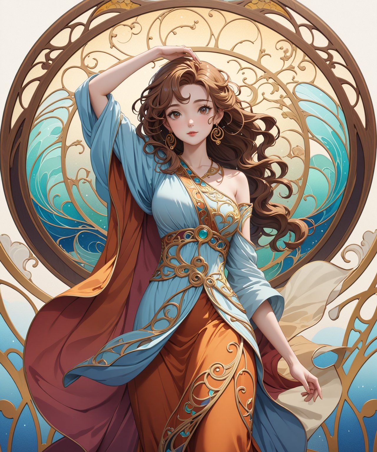 Masterpiece, 4K, ultra detailed, ((solo)), anime style, beautiful mature woman with 1 hand above head, beautiful hazel eyes and gold earrings, windy outdoor, more detail XL, SFW, (swirling Art Nouveau style),