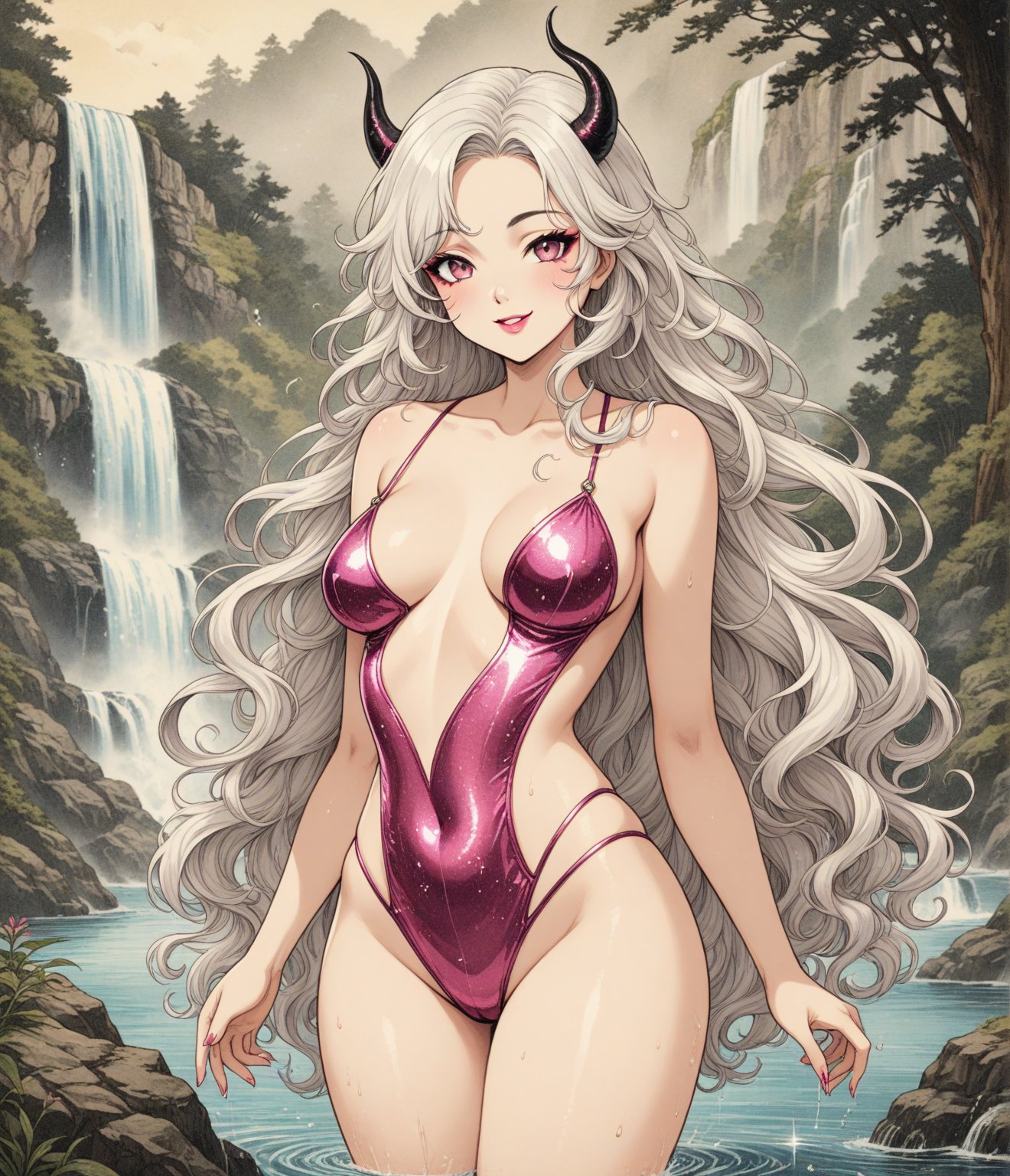 Masterpiece, 4K, ultra detailed, sexy long wavy white hair Satan girl with glamorous makeup wearing skimpy and metallic sparkle swimsuit, smiling with her pink glossy lips, SFW, depth of field, ,more detail XL, (ukiyoe art style), water splash and waterfall, ,vintagepaper