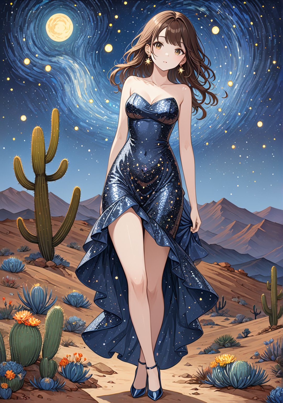 Masterpiece, 4K, ultra detailed, ((solo)), long wavy brown hair sexy woman wearing sparkly sequin dress and high heels, beautiful hazel color eyes, dangling earrings, in rocky desert cactus with flowers, epic starry night, more detail XL, SFW, depth of field, (ukiyoe art style),