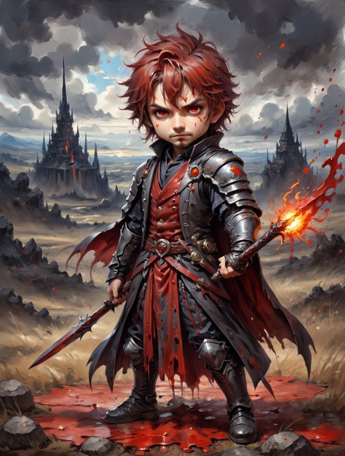 ((anime chibi style)), middle age warlock holding a Lance in his right hand, bloody battlefield background, from above, ,realistic, digital painting,digital painting