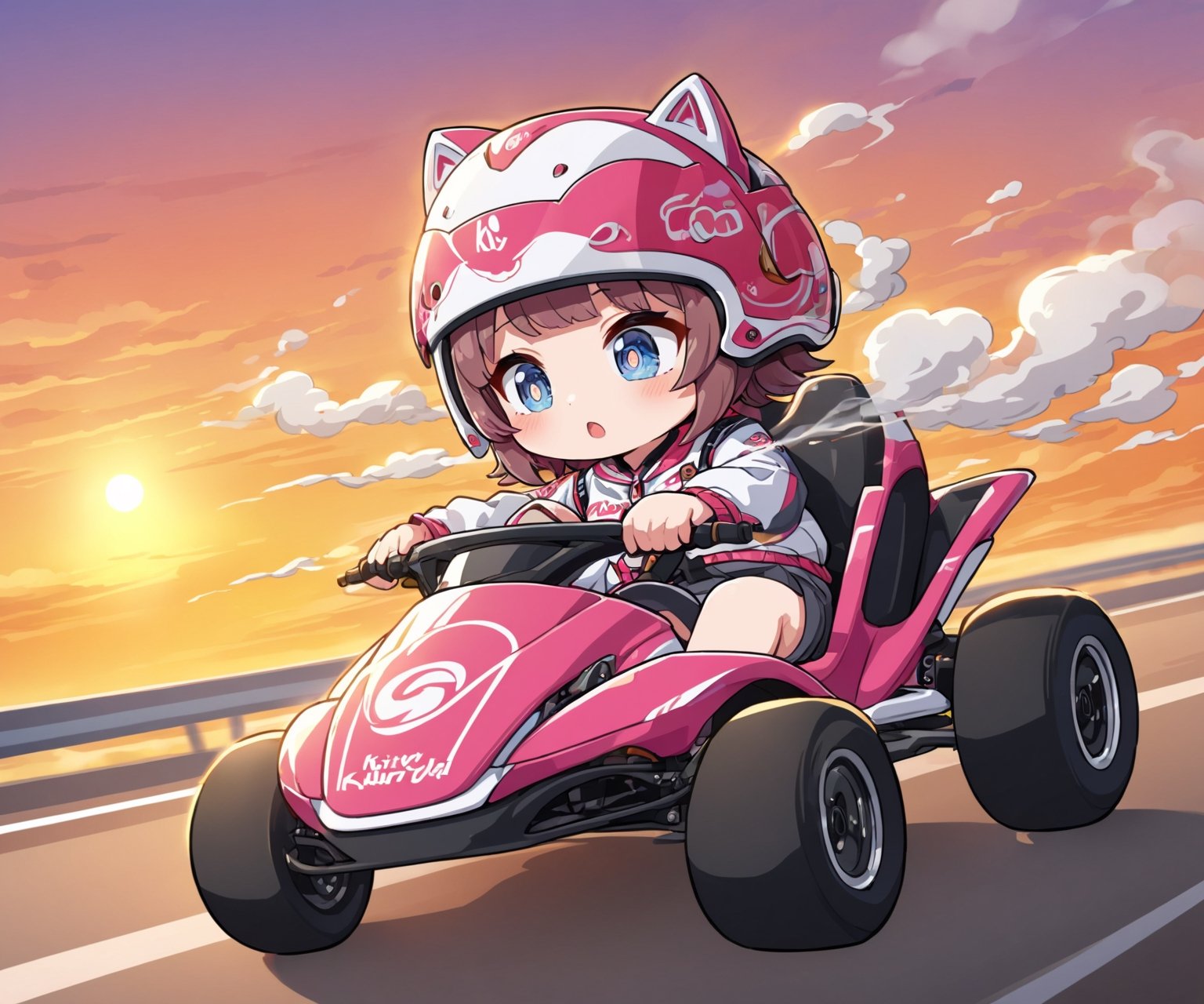 Masterpiece, chibi anime style, 4K, ultra detailed, ((solo)), full body, young girl with big detailed eyes, riding go kart in highway wearing kitty ear helmet, sunset, swirlling smoke, high speed motion, more detail XL, SFW,dal