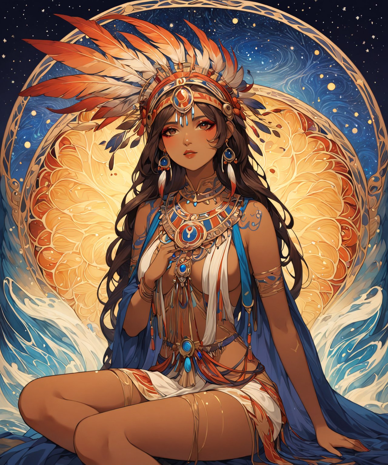 A stunning 4K image of a regal brown-skinned American Indian chief woman, adorned with a vibrant, intricately designed headpiece featuring colorful feathers, sitting in the warm glow of starry night and epic waterfall. Her flawless face shines with glamourous makeup, and dangling earrings catch the fading light. The subject's XL detail is rendered with precision, A shallow depth of field blurs the background, drawing focus to her majestic presence, Ink art, (art nouveau), SFW, 