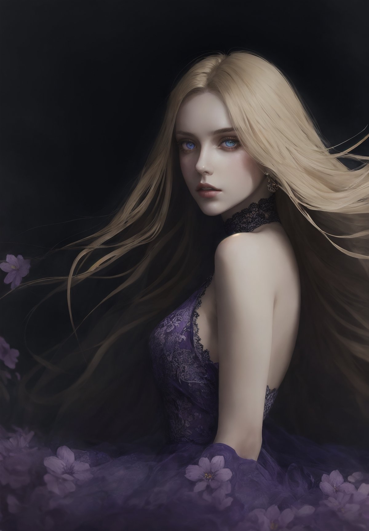 beautiful long blonde hair woman with big expressive eyes, purple ink flow, 8k resolution photorealistic masterpiece, intricately detailed fluid gouache painting, calligraphy acrylic, volumetric lighting maximalist photoillustration, by marton bobzert, 8k resolution concept art intricately detailed,1 girl, large foliage and large flowers,very windy, flowy lace dress, depth_of_field, dynamic angle, watercolor \(medium\), (full body portrait), vibrant color palette,