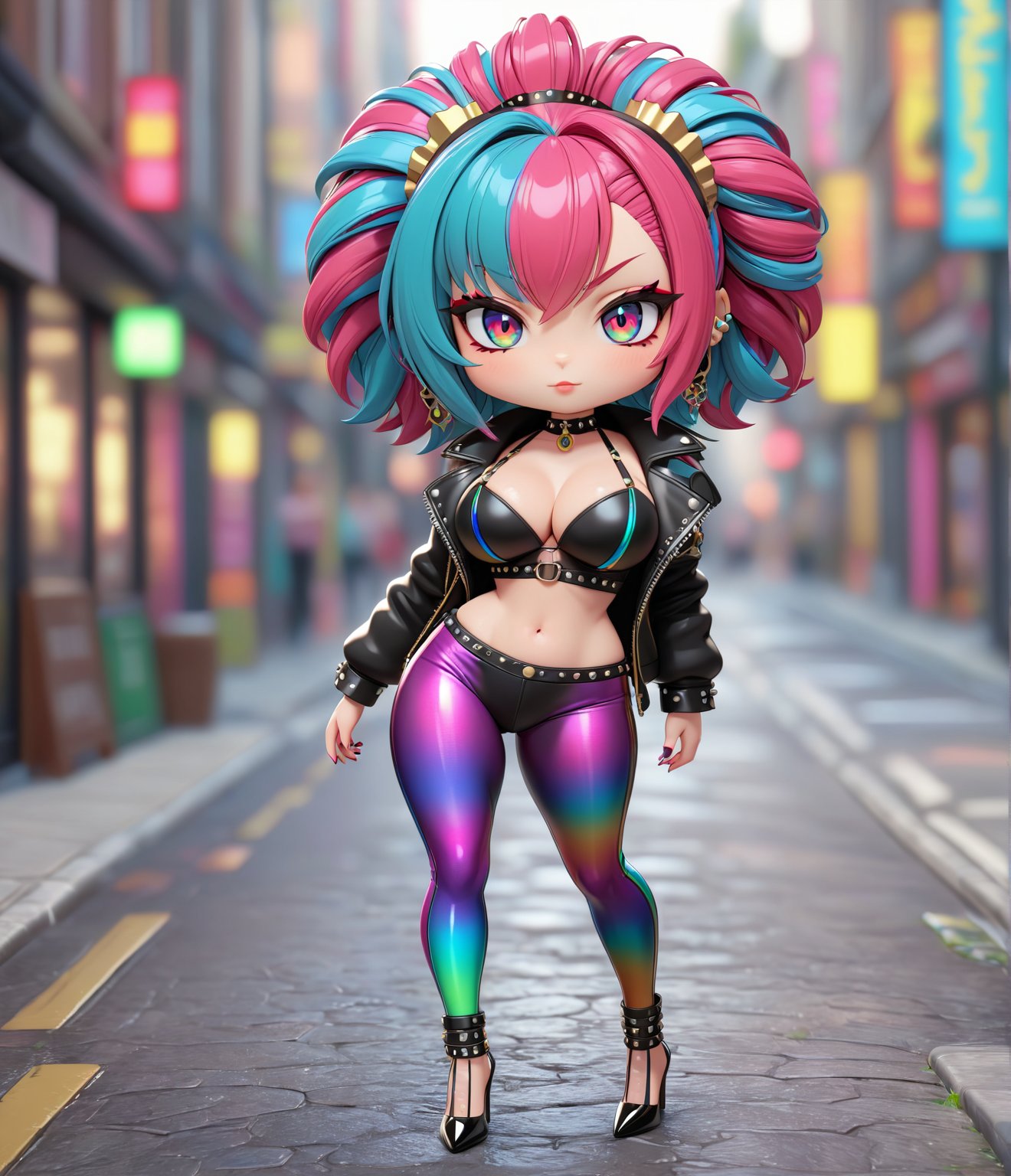 Masterpiece, 4K, ultra detailed, (chibi anime style), punk style female beauty queen with perfect makeup, SFW, busty, depth of field, vibrant iridescence leggings, walking with stilettos high heels, street, 3D,Cartoon