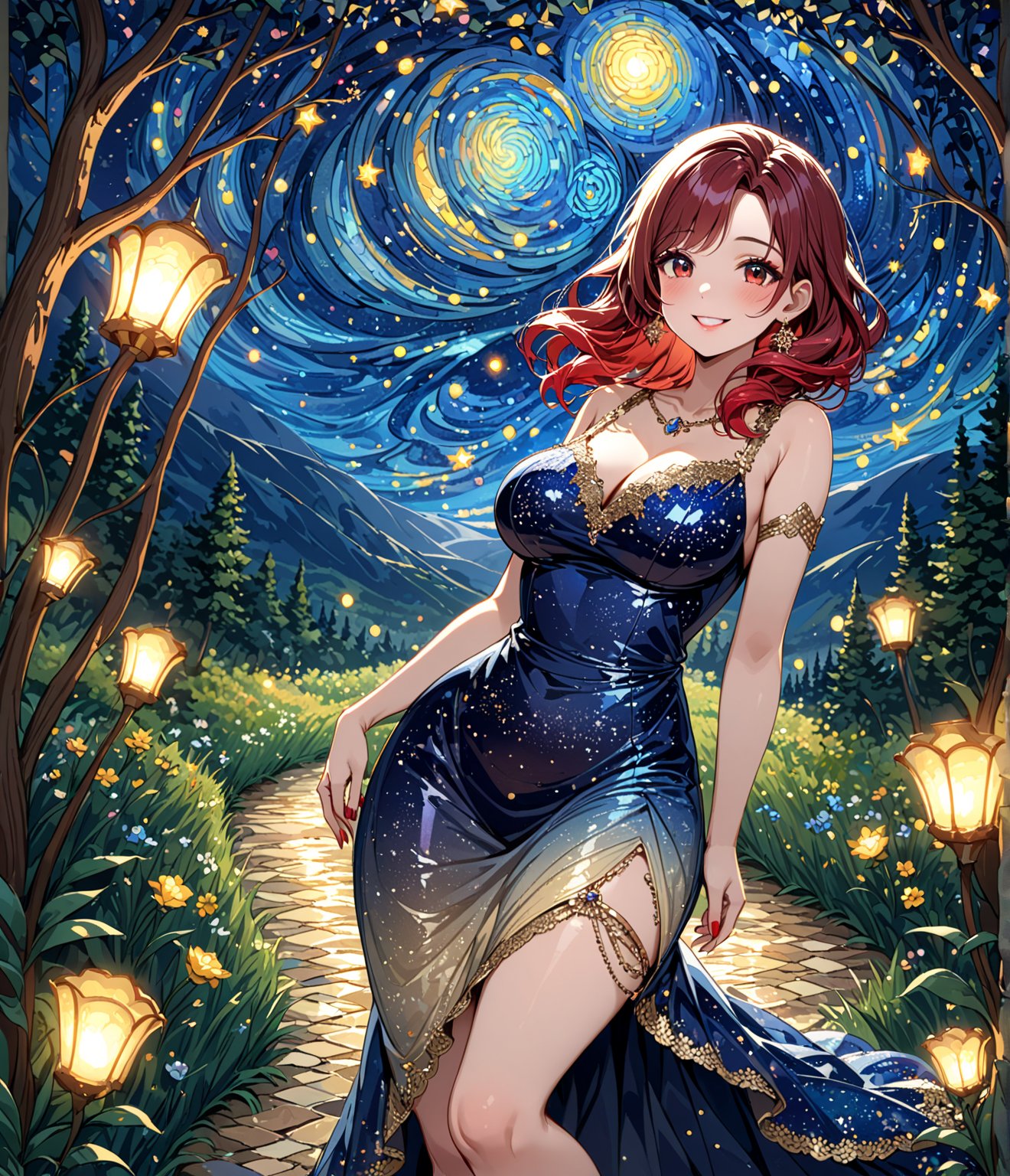 Masterpiece, 4K, ultra detailed, beautiful long hazel and red ombre hair mature woman, in a flowering forest pathway wearing short sequin dress with lace trimming, perfect makeup and smiling, epic starry night, more detail XL, SFW, depth of field, 