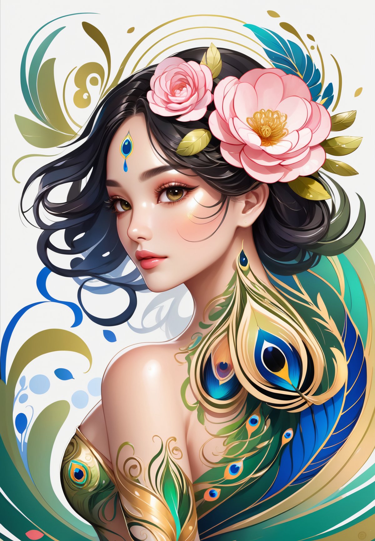 thin and thick color lines stroke, splash art, 1 liquid luminous olive skin lady made of colors, liquid camellia flowers, filigree, filigree detailed, swirling peacock feather, intricated pose, big beautiul eyes, slim waist and wide hips, 