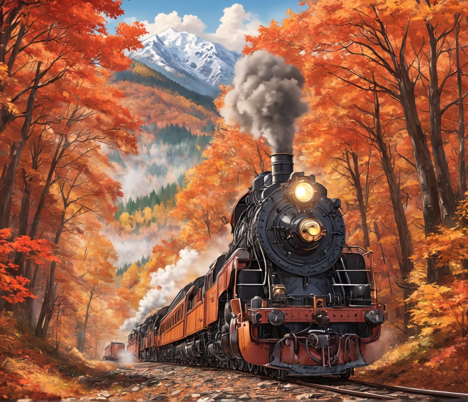 (masterpiece, high quality, 8K resolution, ultra detailed), steam locomotive passing through a forest during autumn, red and orange fall foliage, depth of field, mountainous landscape background, vector drawing, illustration,