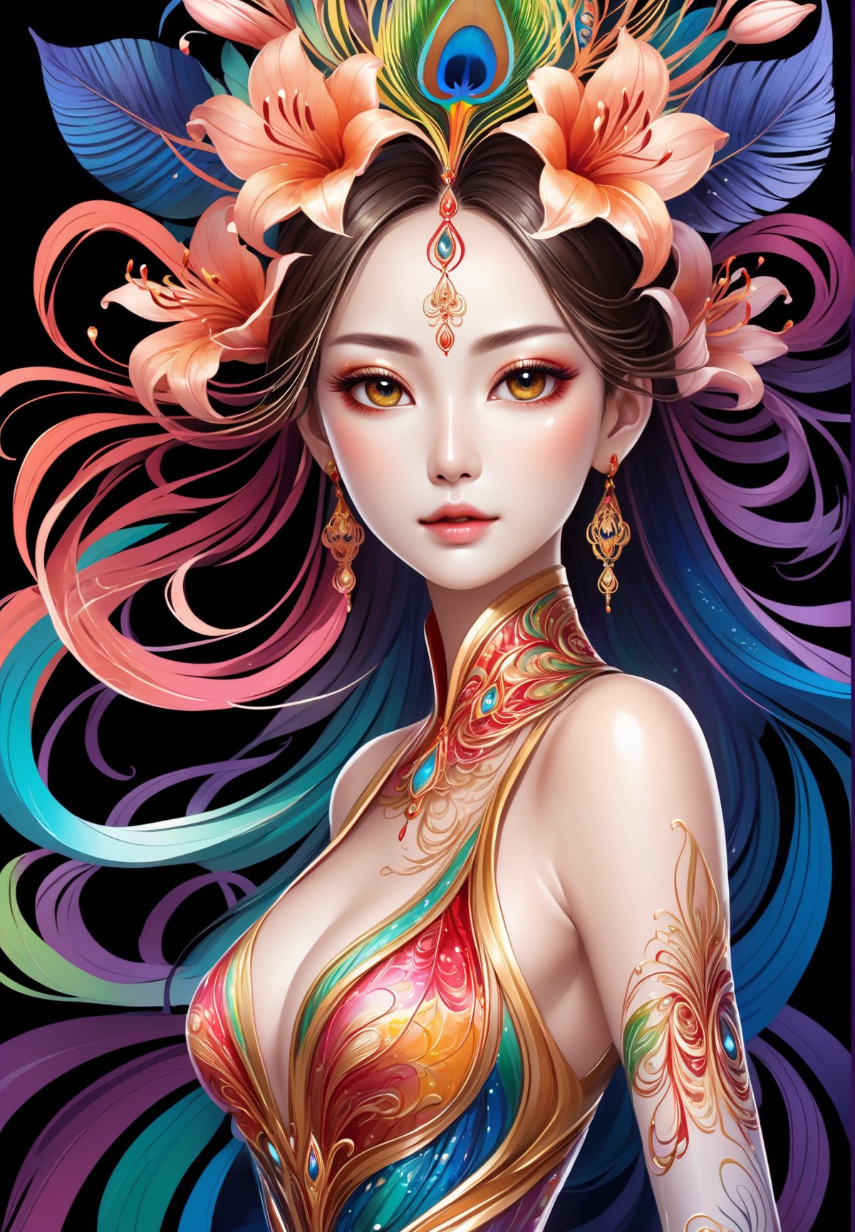 thin and thick color lines stroke, splash art, 1 liquid luminous lady made of colors, liquid Oriental lilies flowers, filigree, filigree detailed, swirling peacock feather, intricated pose, big beautiul eyes, slim waist, medium shot,