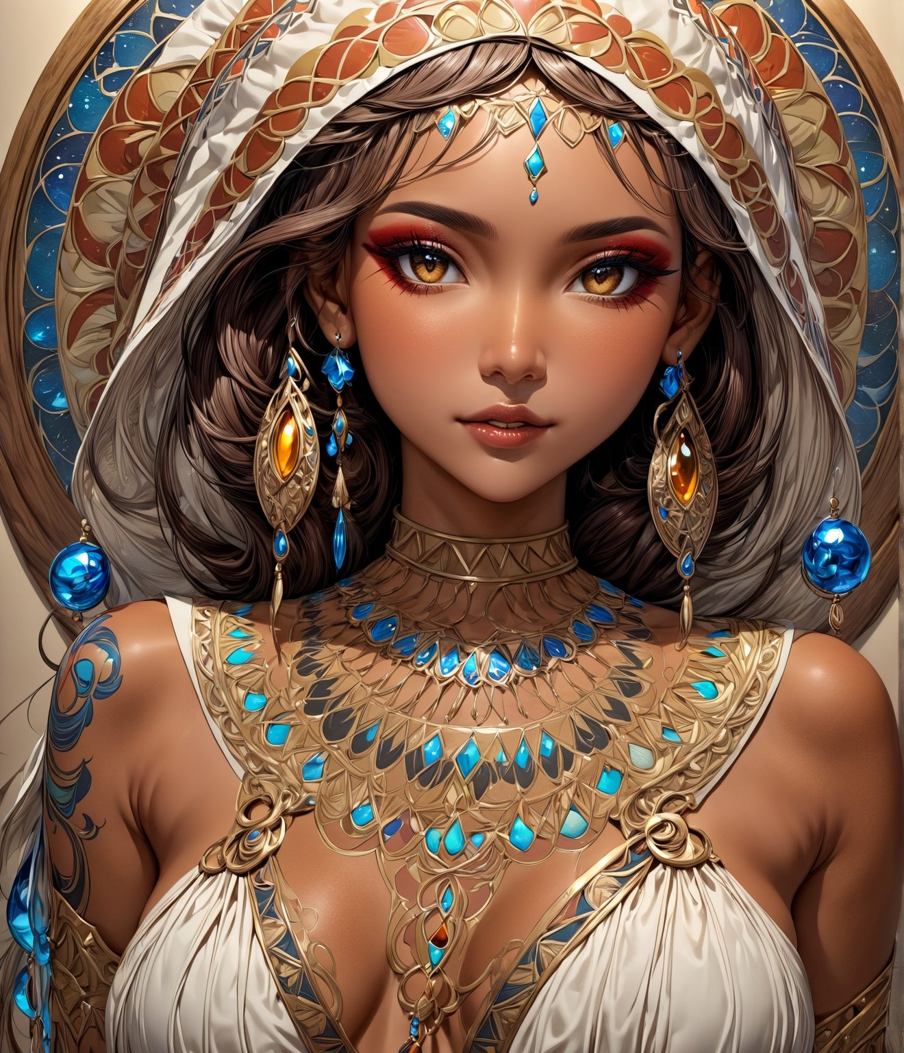 Masterpiece, 4K, ultra detailed, anime style, 1 brown skinned female American Indians chief looking at viewers, beautiful flawless face with glamourous makeup, dangling crystal earrings, more detail XL, SFW, depth of field, art nouveau style,Ink art