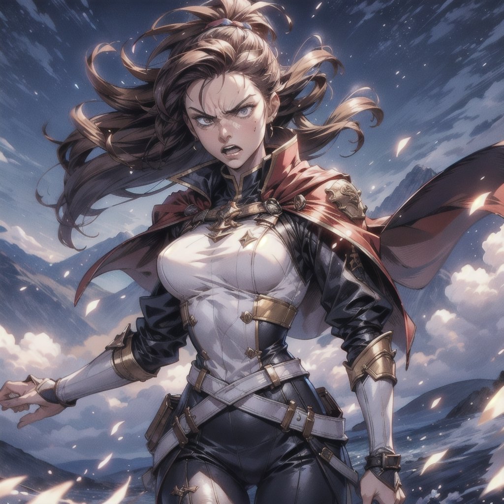 Photorealistic art style, angry female general with cape order the solider to charge forward, highly detailed, windy, artistic, hands pointing forward,