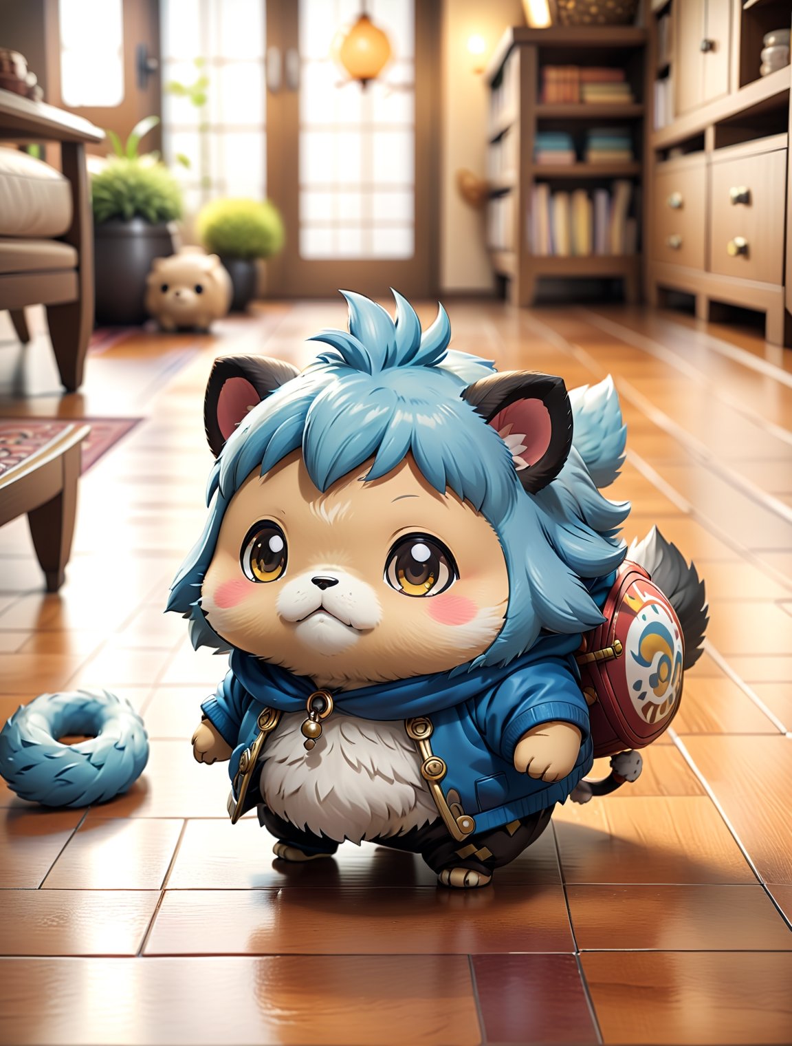 ((anime chibi style)), mythical animal walking on the floor, cozy setting, dynamic angle, depth of field, detail XL, ,fat,(anime)