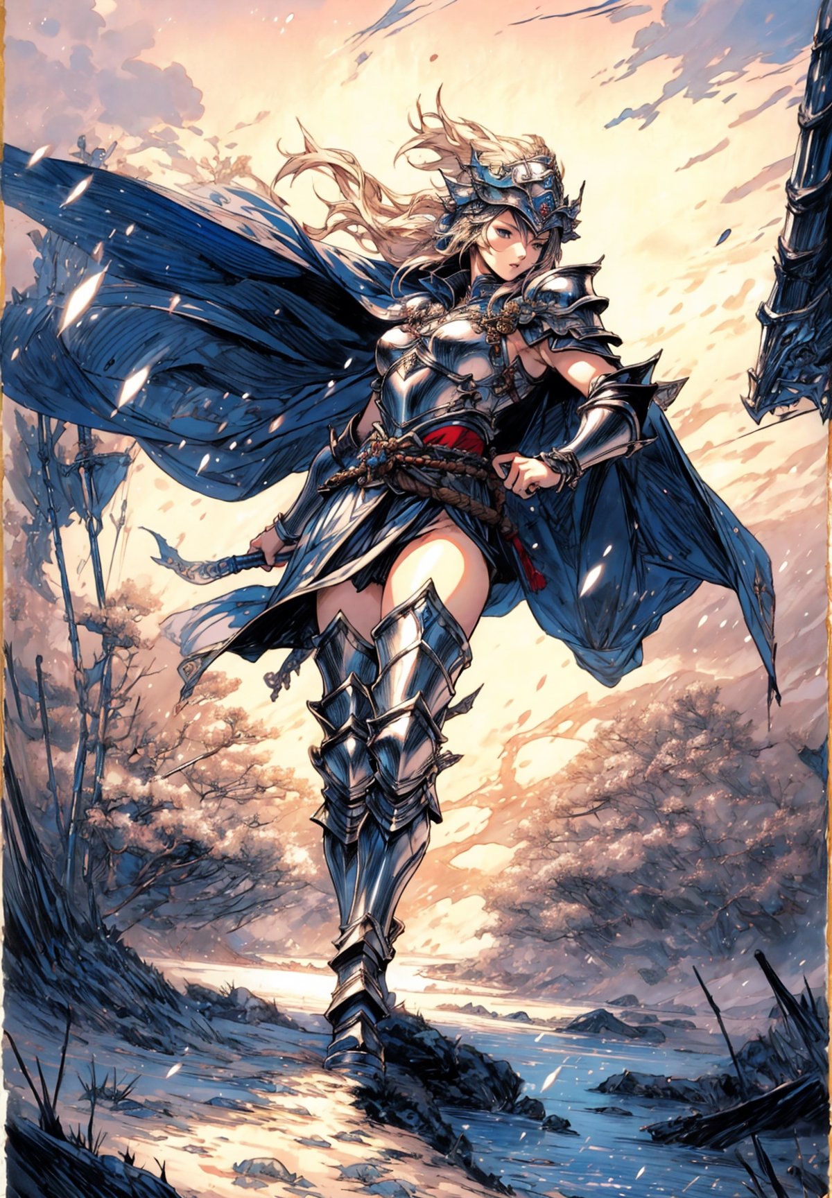 Full body, 1girl Warrior wearing armor and helmet, cape, amano yoshitaka, traditional media, fantasy illustration, soft colors, final fantasy, windy, dynamic poses, 
