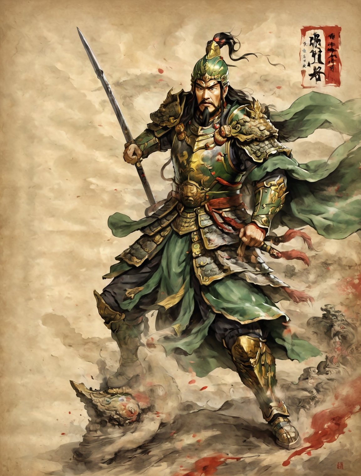 ((anime)), Chinese military general Guan Yu, holding a Lance in his right hand, attack pose,  bloody battlefield background,on parchment