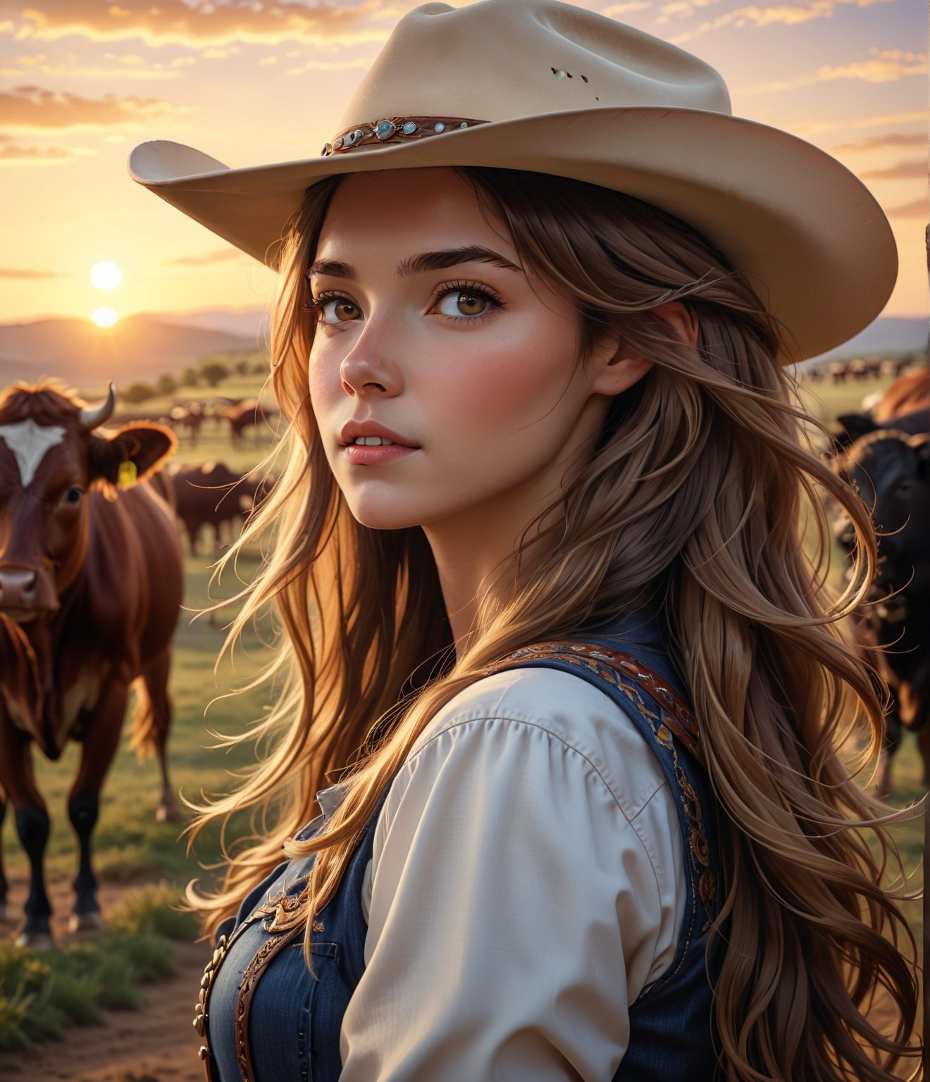 Masterpiece, 4K, ultra detailed, beautiful female cowboy with long hair, depth of field, SFW, sunset, cattle ranch, cowboy hat, windy,