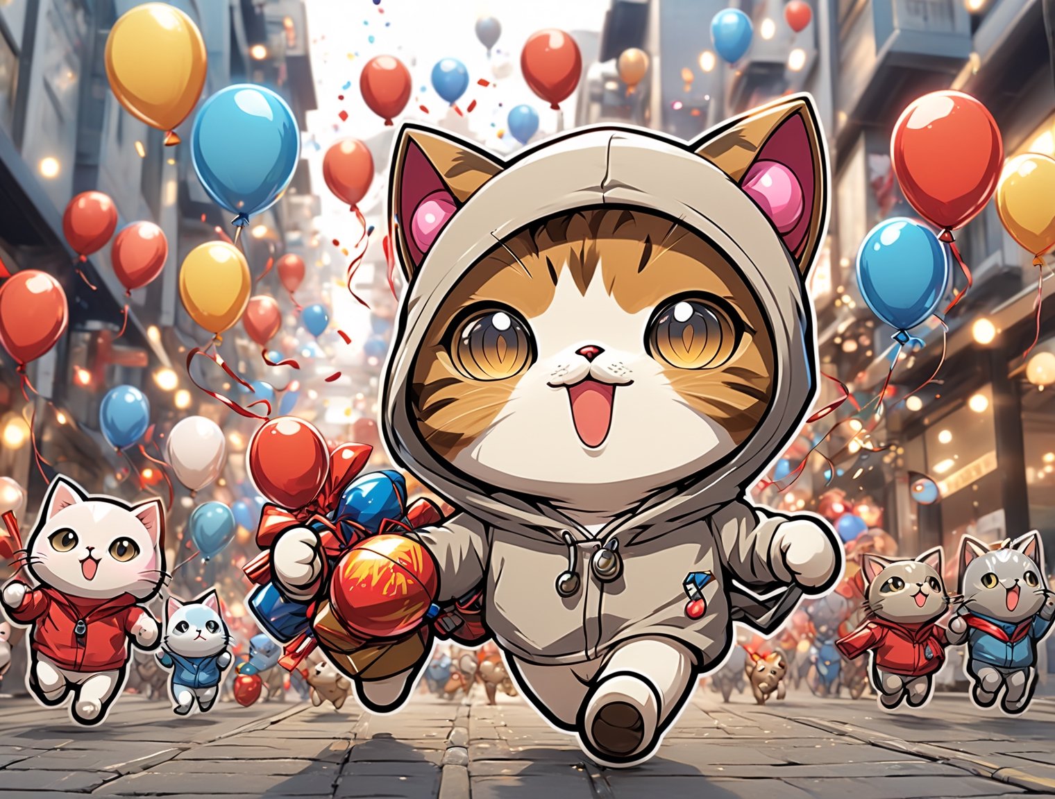 ((chibi style)), chibi cat in hoodie walking on busy street, new year setting, balloon and firecrackers, dynamic angle, depth of field, detail XL, closeup shot, finetune,ghibli,sticker