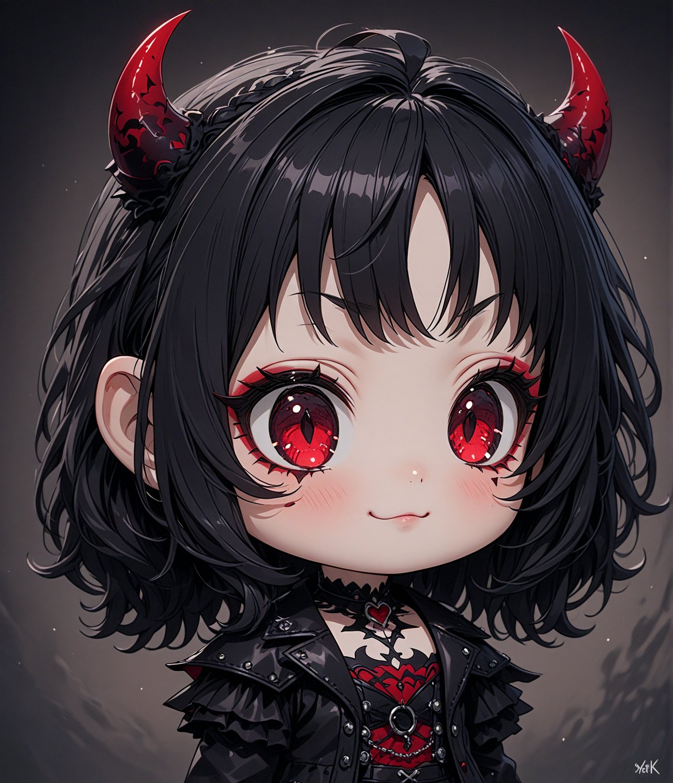 Masterpiece, 4K, ultra detailed, chibi anime style, joyful dark Satan girl with goth makeup, SFW, depth of field, Details,