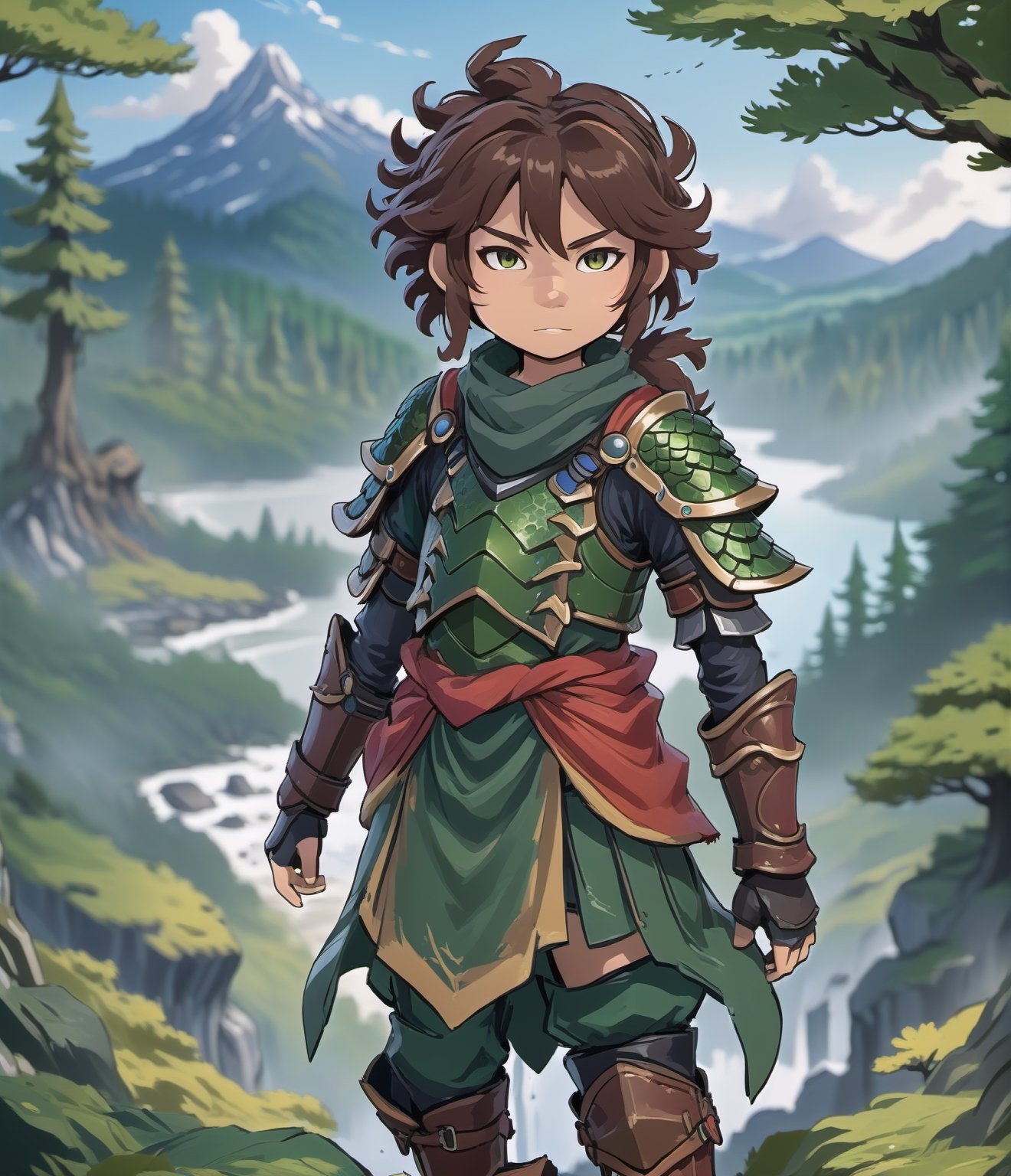 best quality, (full body portrait), a nomad warrior wearing a dragon inspired armor, leather boots, messy hair, traveling alone, highly detailed, windy, depth of field, epic forest landscape background, 4K, anime, looking at viewers, full body closeup shot, solo,more detail XL
