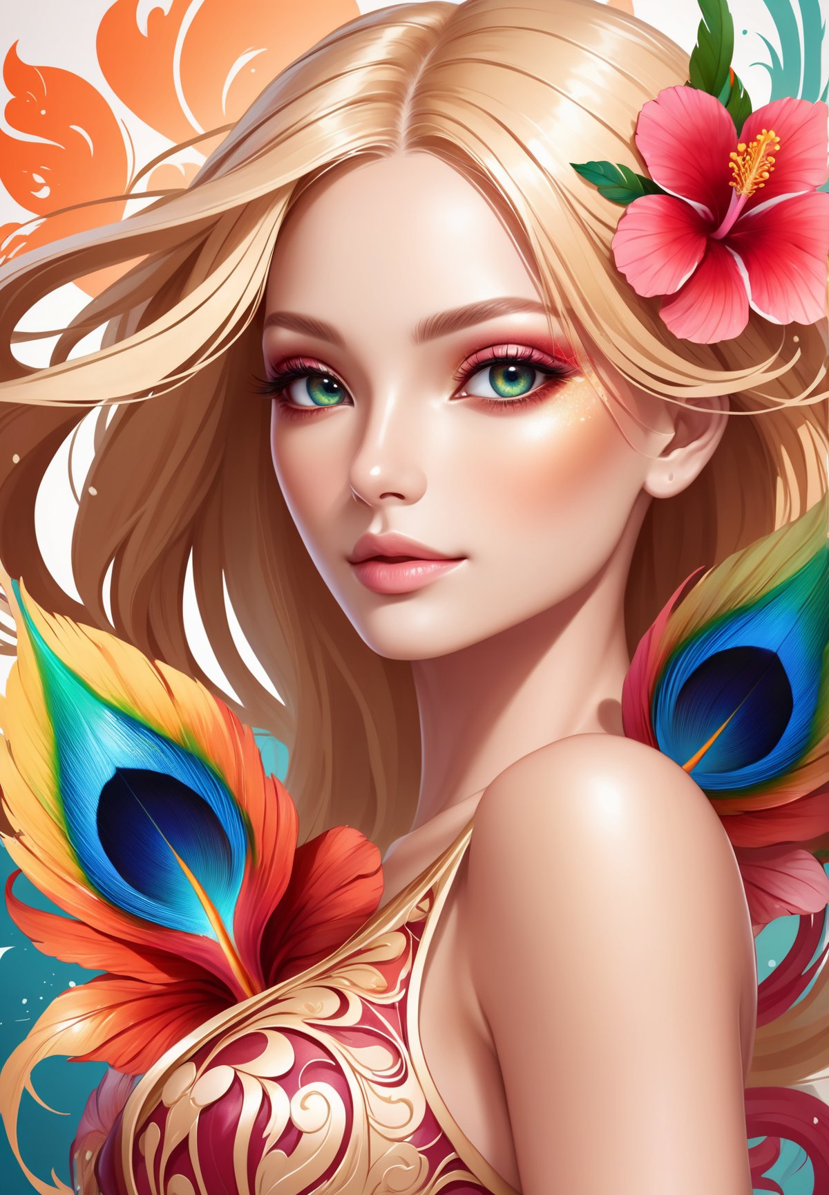 thin and thick color lines stroke, splash art, 1 liquid luminous tanned skin lady made of colors, blonde hair, liquid hibiscus flowers, filigree, filigree detailed, swirling peacock feather, intricated pose, big beautiul eyes, slim waist, medium shot,