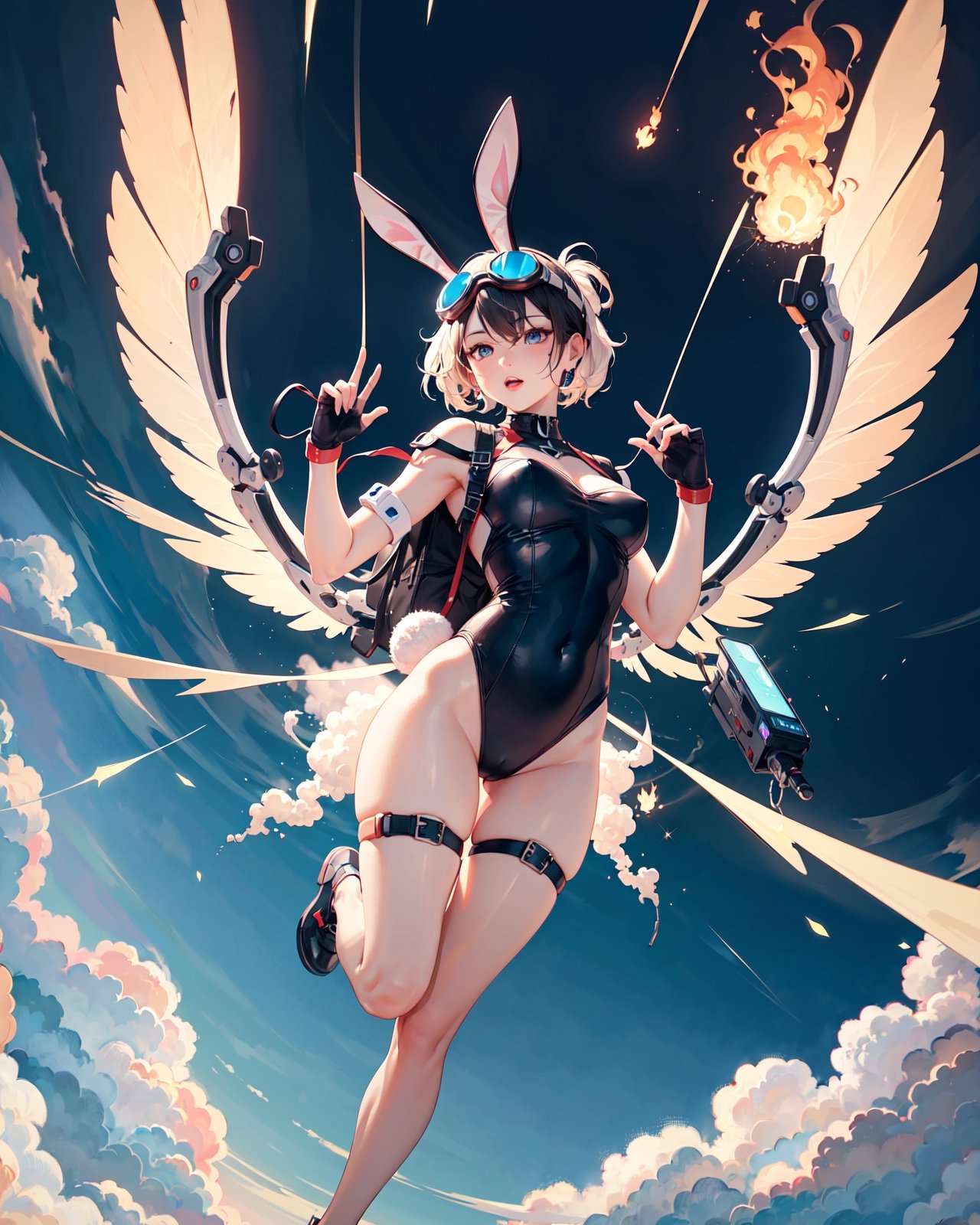 A sexy girl wearing a goggles flying with a futuristic mechanical winged jetpack in a mythical sky, flame, full body portrait, 4K, dynamic angle, photorealistic, solo, (bunny), symmetrical wings,