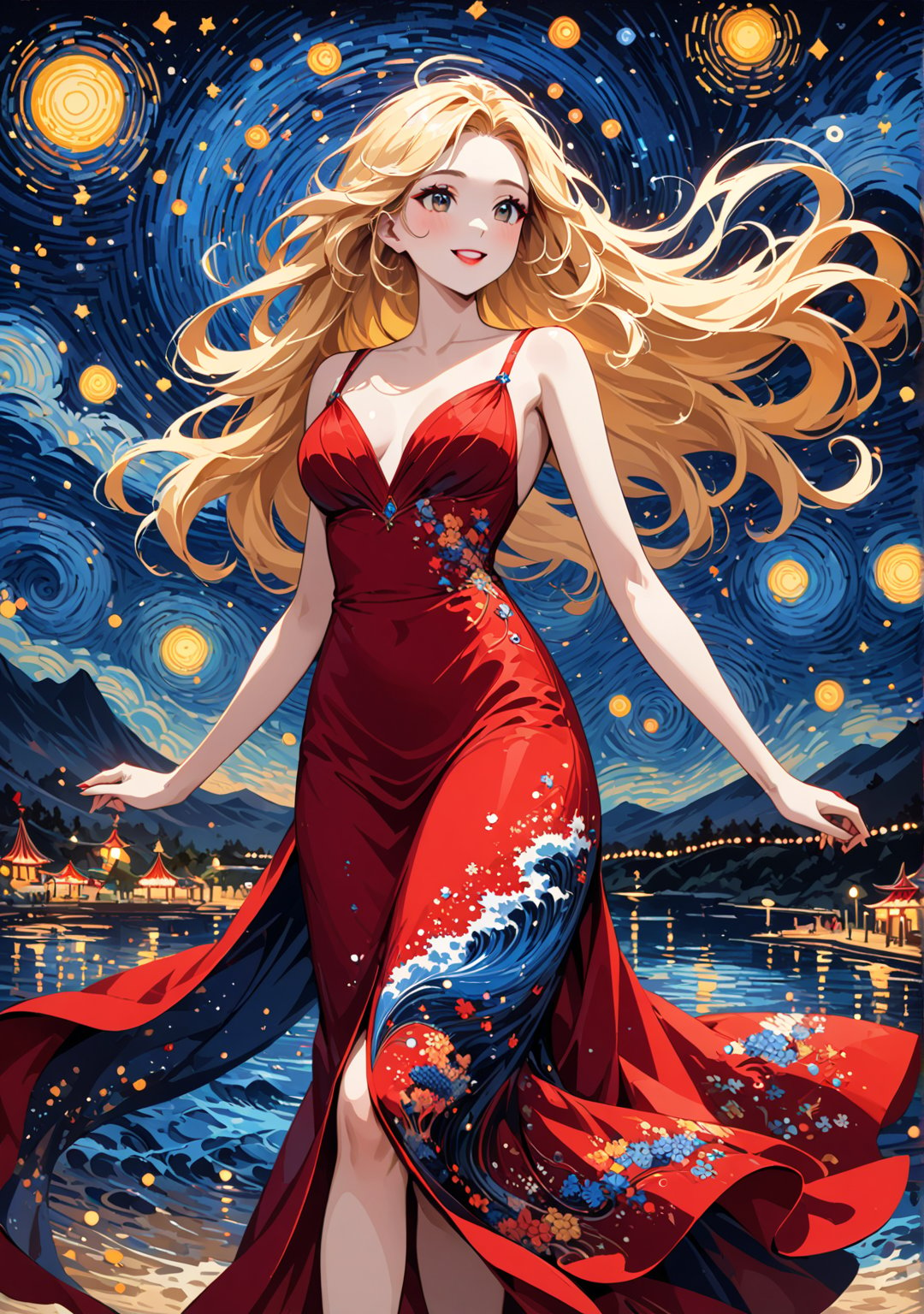 Masterpiece, 4K, ultra detailed, beautiful long flowy blonde hair woman walking in amusement park wearing elegant red satin dress, perfect makeup and smiliing, epic starry night, windy, more detail XL, SFW, depth of field, Ink art, (ukiyoe art style)