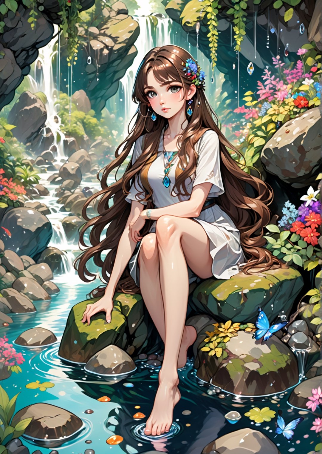 Solo, full body portrait, anime style, beautiful woman with long brown hair, big detailed eyes and dangling crystal earrings, sitting on boulders, both feet in water kicking, in mythical forest with hanging thick vines and cluster of colorful flowers, shallow stream, water splash, reflections, pebbles, highly detailed, dynamic angle, more detail XL