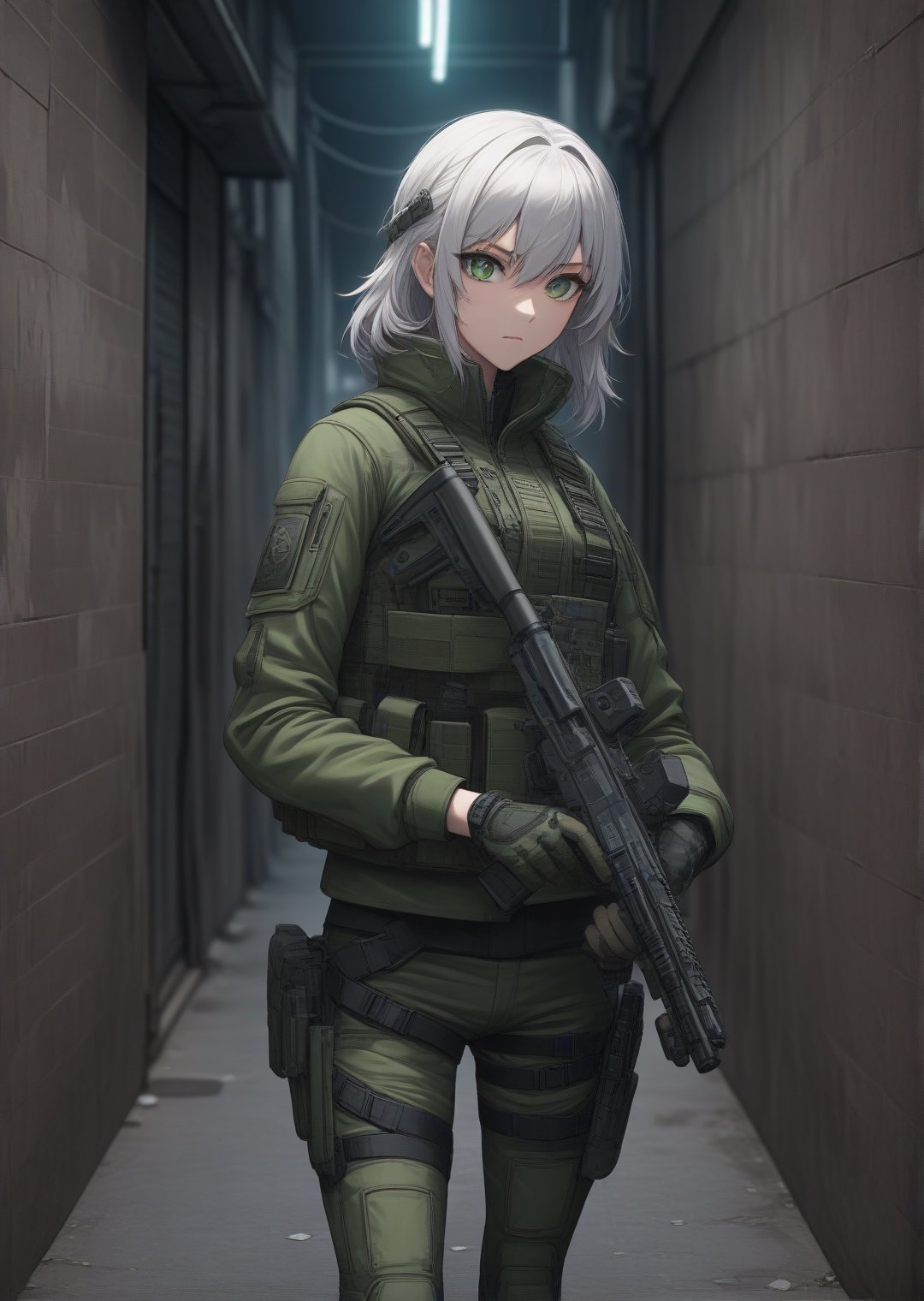 Solo, anime style, sexy white hair female fighter wearing tactical jacket, big detailed green eyes, aiming with pistol, leaning quietly in back alley with neon signs, highly detailed, (full body portrait), dynamic angle, more detail XL,tacticalgear,tactical gear,<lora:659095807385103906:1.0>