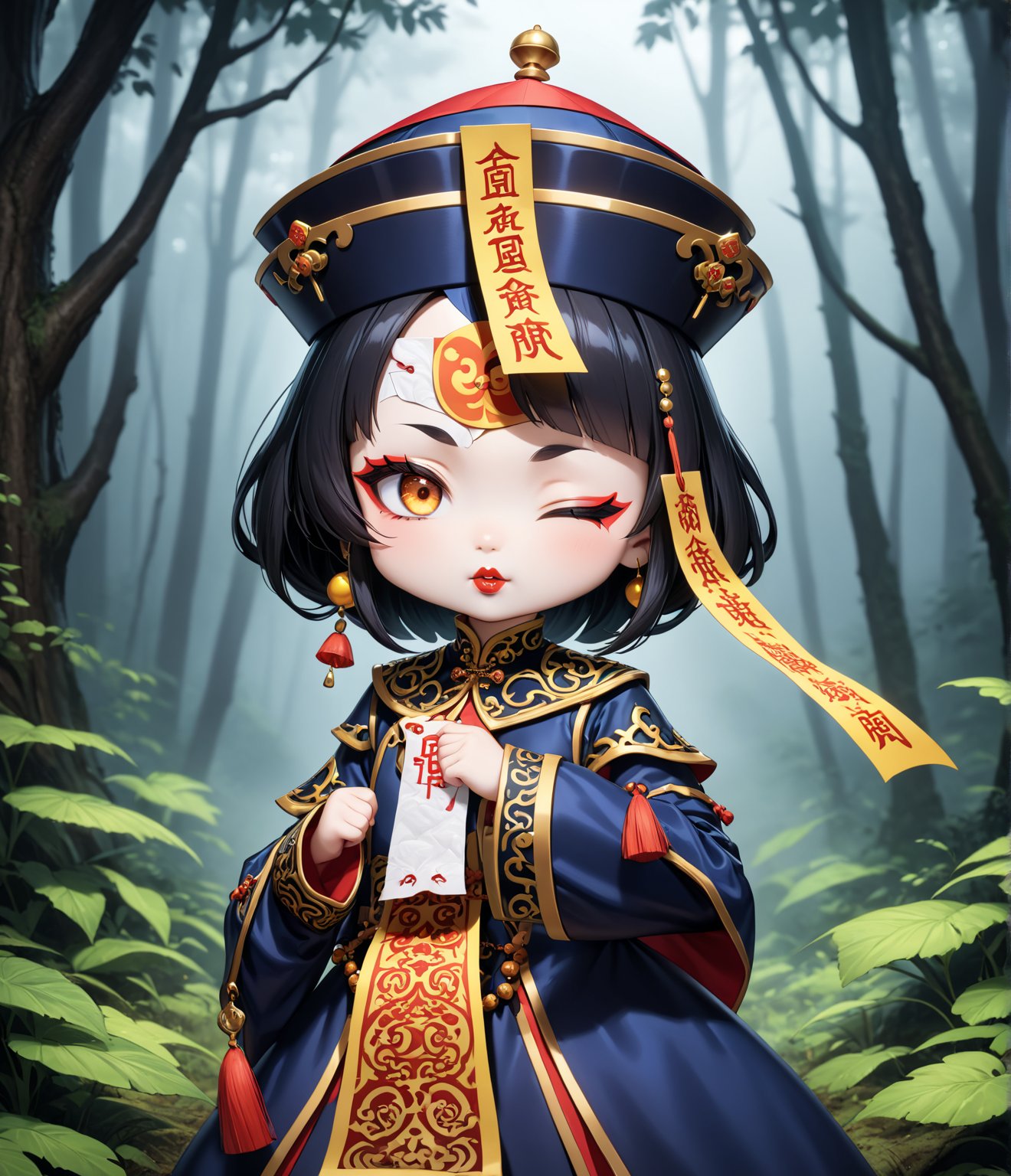 Masterpiece, 4K, ultra detailed, chibi anime style, frightening female Jiangshi with flawless goth makeup, paper talisman on forehead and glossy lips, eyes closed, golden earring, wavy long hair, dark silk robe with very long sleeves, in a misty dark forest, depth of field, SFW, more detail XL,