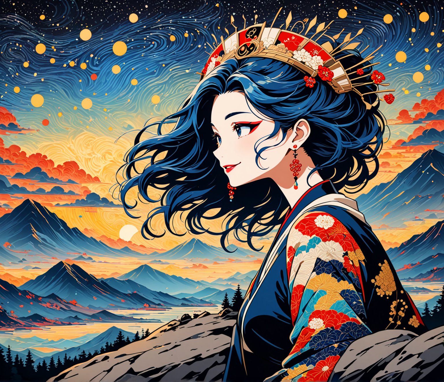 Masterpiece, 4K, ultra detailed, anime style, mature and elegant woman sitting on mountain top boulder, beautiful flawless face with great makeup smiling, dangling earrings, colorful headpiece, epic starry night, windy, more detail XL, SFW, depth of field, (ukiyoe art style),Ink art, closeup