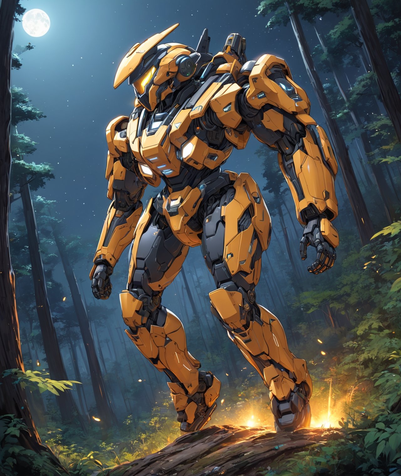 anime style, futuristic mech armor power suit in a forest at nighttime, jump landing on a hillside, dynamic angle, more detail XL,机甲