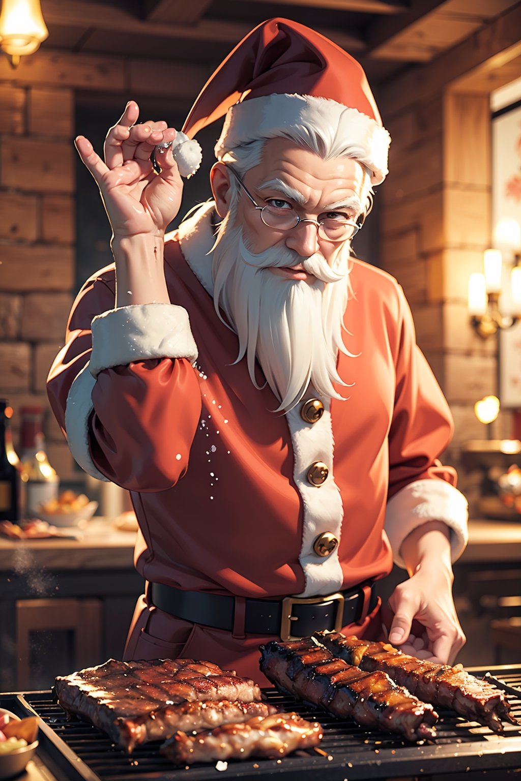 ((anime)), old Santa with white beard sprinkle salt on BBQ ribs, surprise expressions, dynamic angle, depth of field, detail XL,realistic,More Detail,SaltBaeMeme