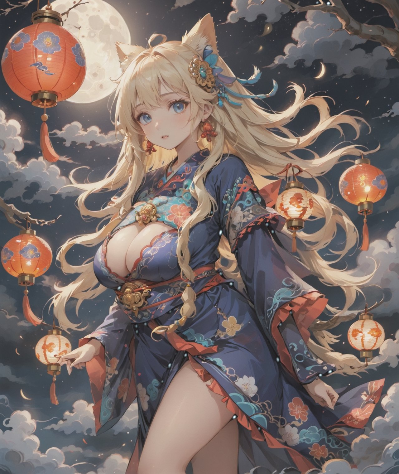 ((anime style)),  masterpiece, 4K, 1 blonde girl with long hair wearing a traditional Asian dress holding a lantern, large breasts and detail eyes looking at viewers, more detail XL, SFW,  nighttime, moonlight, walking pose, mythical clouds