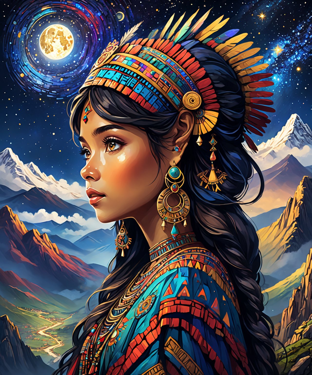 Masterpiece, 4K, ultra detailed, anime style, solo, 1 ancient Inca woman on a mountain top, beautiful flawless face with great makeup, dangling earrings, colorful headpiece, epic starry night, windy, more detail XL, SFW, depth of field, Ink art,