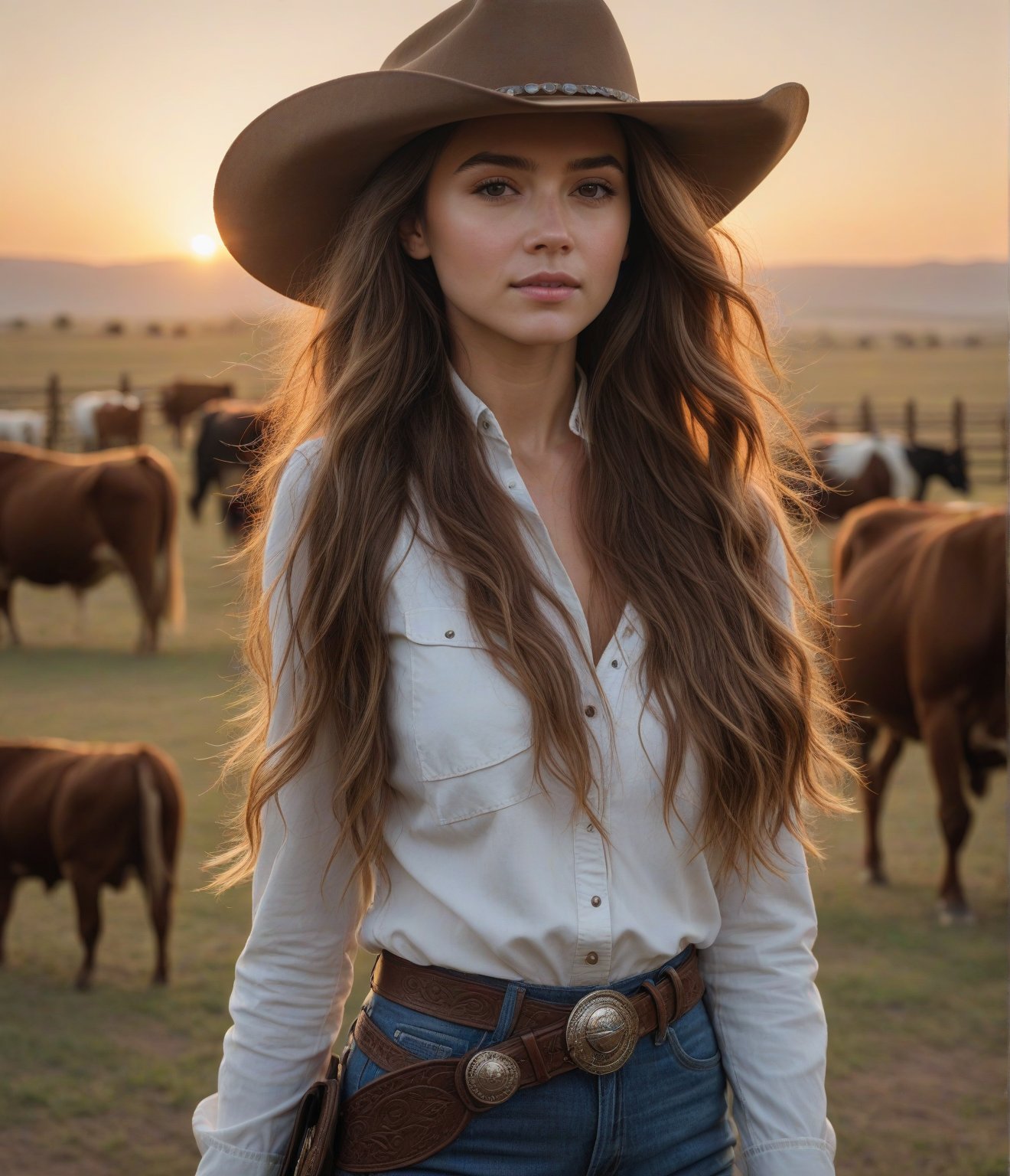 Masterpiece, 4K, ultra detailed, beautiful female cowboy with long hair, depth of field, SFW, sunset, cattle ranch, cowboy hat, windy,