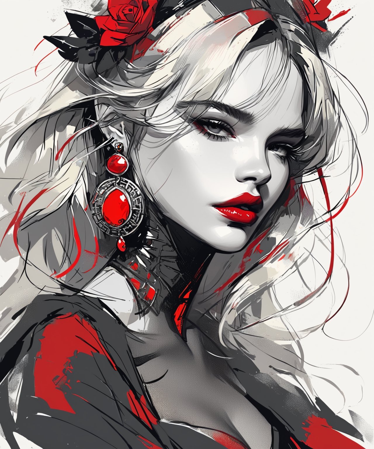 Masterpiece, 4K, ultra detailed, ((solo)), anime art style, busty blonde woman with beautiful detailed eyes and glamorous makeup, (bright red lips), dangling earrings, SFW, depth of field, charcoal \(medium\), 