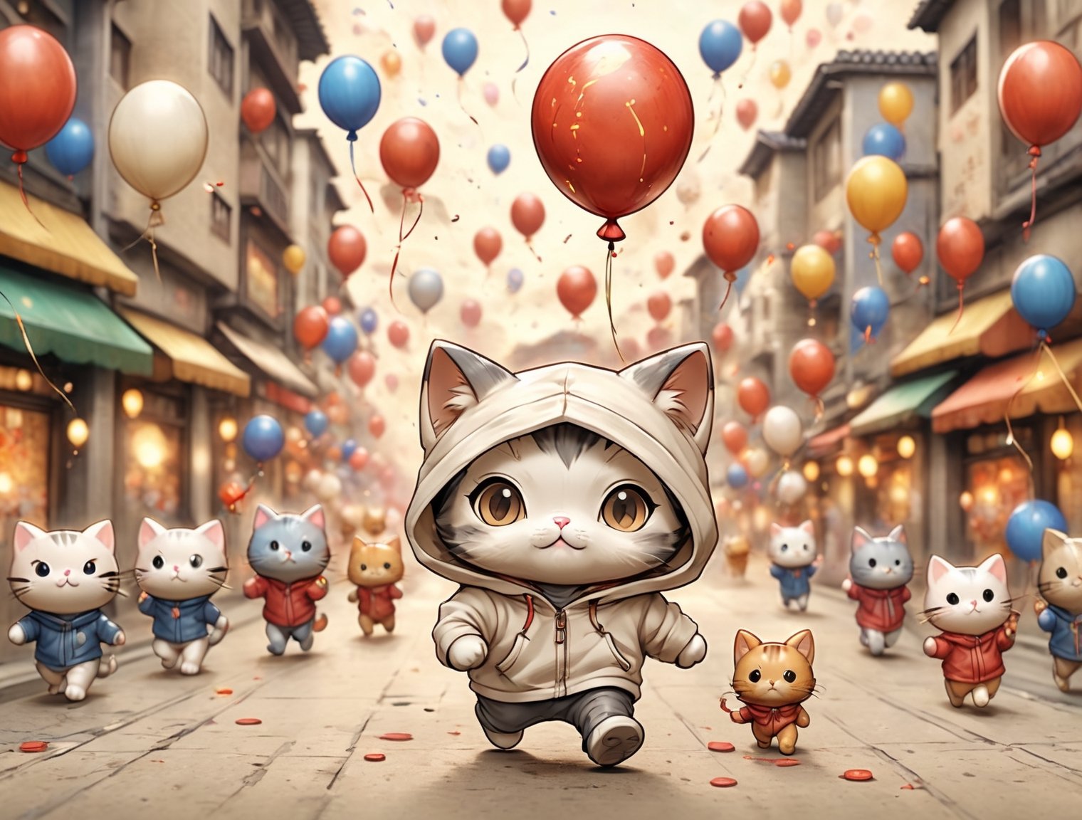 ((chibi style)), chibi cat in hoodie walking on busy street, new year setting, balloon and firecrackers, dynamic angle, depth of field, detail XL, closeup shot, finetune,ghibli,on parchment