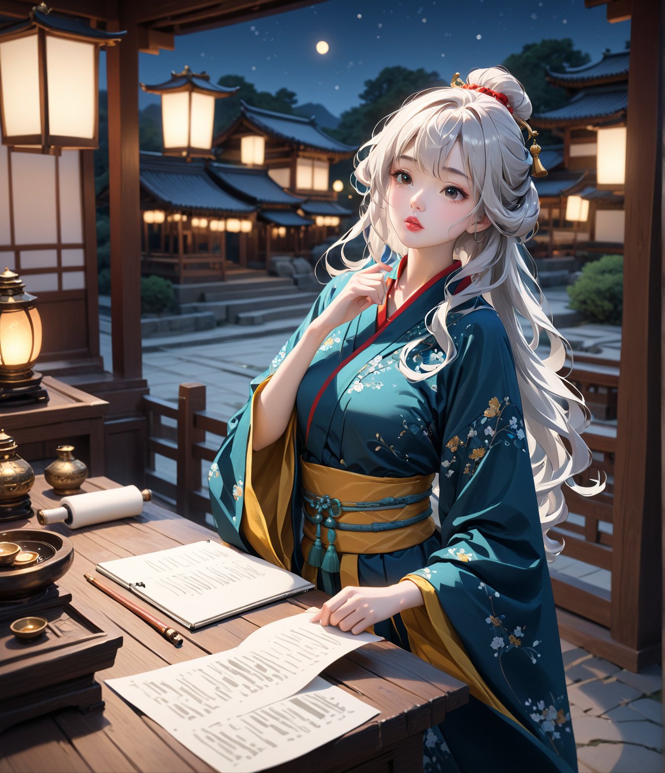 Masterpiece, 4K, ultra detailed, Sketchbook Style, 1 beautiful woman with long wavy hair and glossy lips wearing traditional Asian outfit, paper scroll on table, in shrine at night, oil lamp, windy, SFW, depth of field,shuimo style