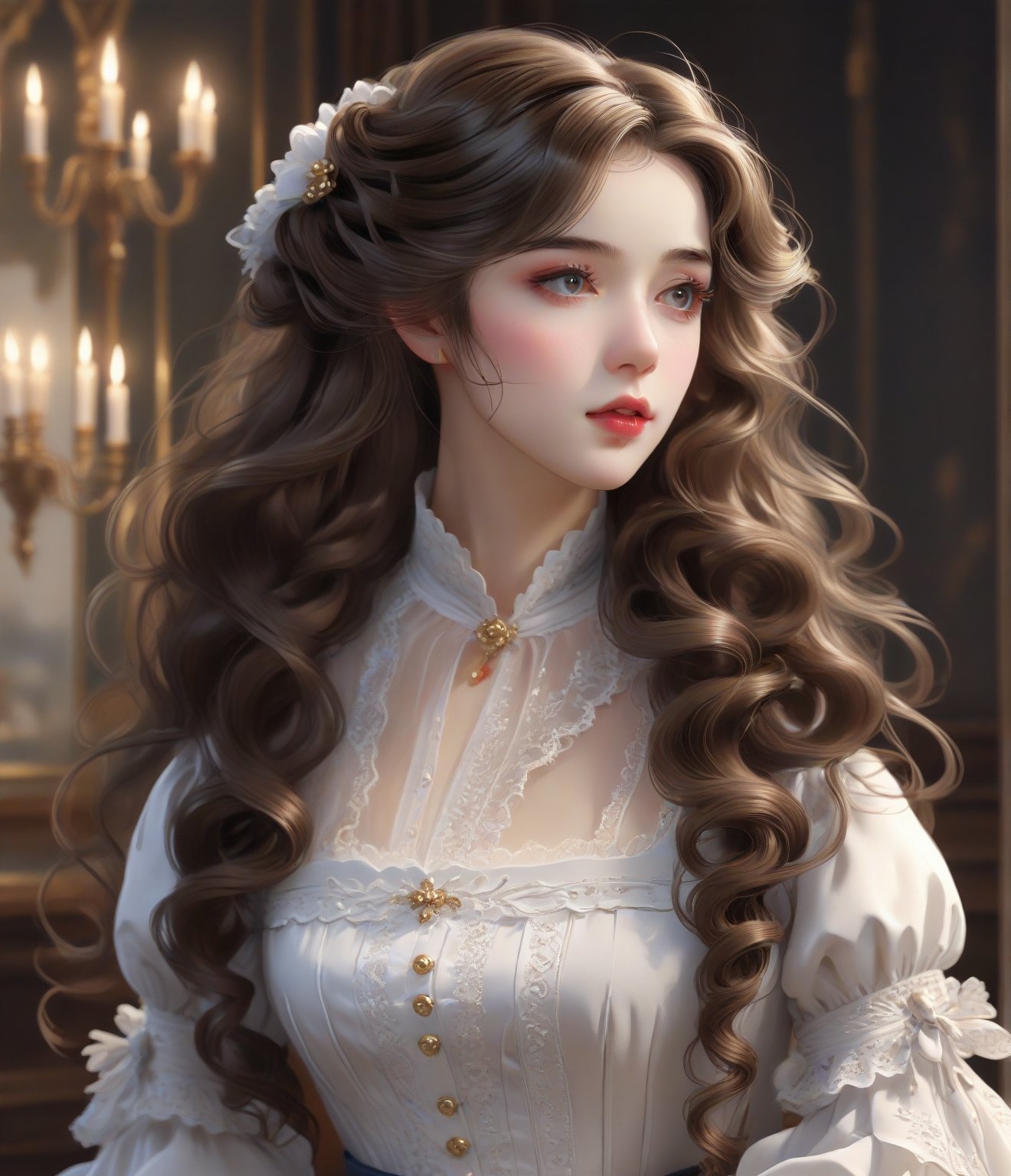 Masterpiece, 4K, ultra detailed, anime Style, 1 beautiful woman with long wavy hair and glossy lips wearing traditional Victorian outfit, SFW, depth of field,shuimo style