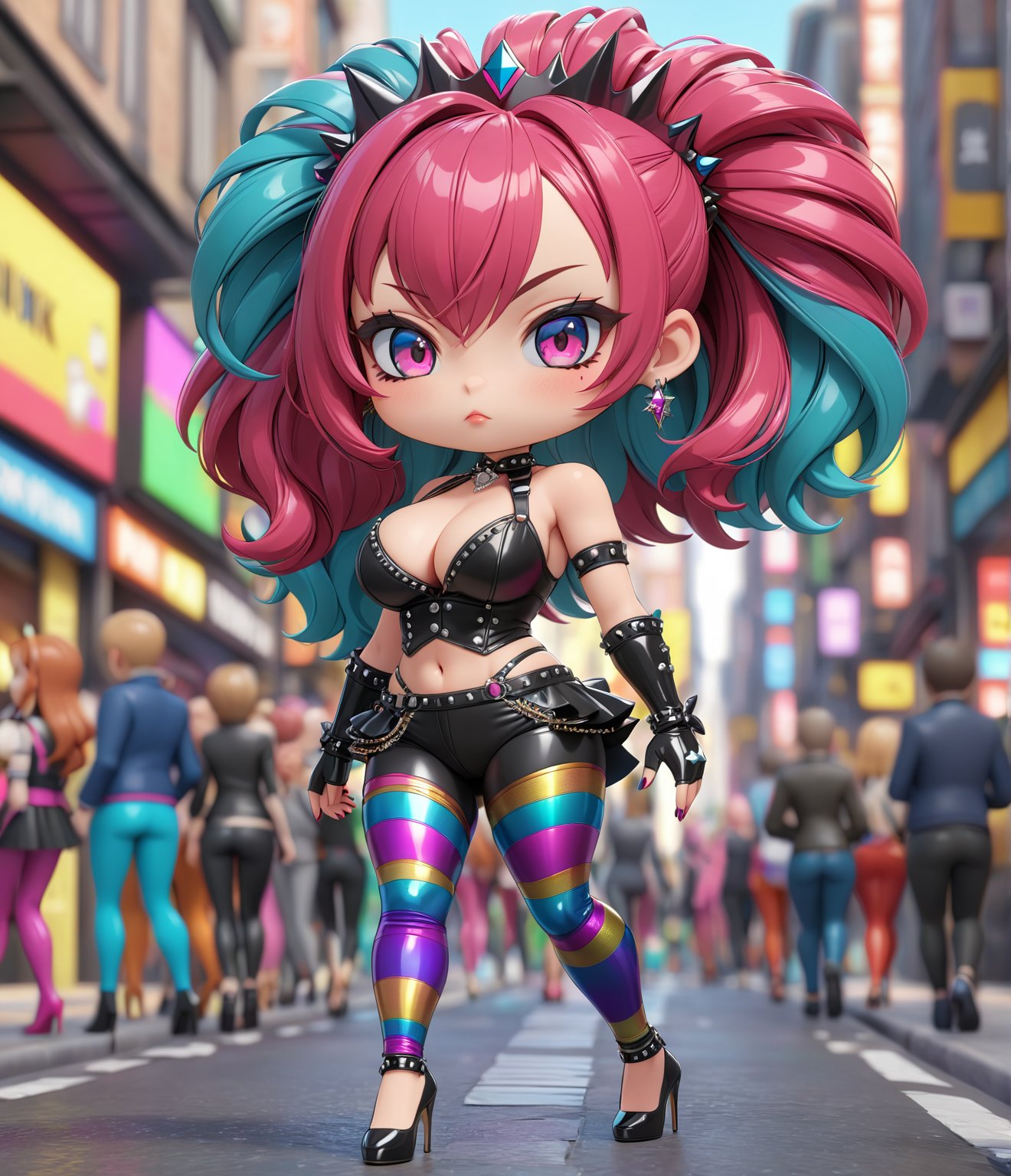 Masterpiece, 4K, ultra detailed, (chibi anime style), punk style female beauty queen with perfect makeup, SFW, busty, depth of field, vibrant iridescence leggings, walking with stilettos high heels, crowed street, 3D,Cartoon