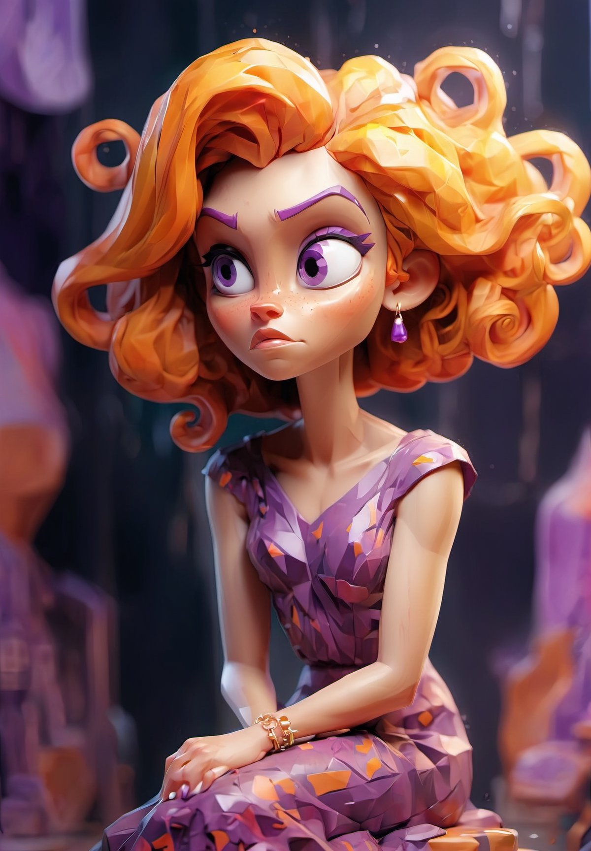 Colorful Ink splash art style, a full body portrait of a woman wearing a shimmering dress with purple and orange messy hair, elegant sitting pose, strong outlines, 4K, photorealistic, depth of field, windy, psychedelic, shiny reflection,