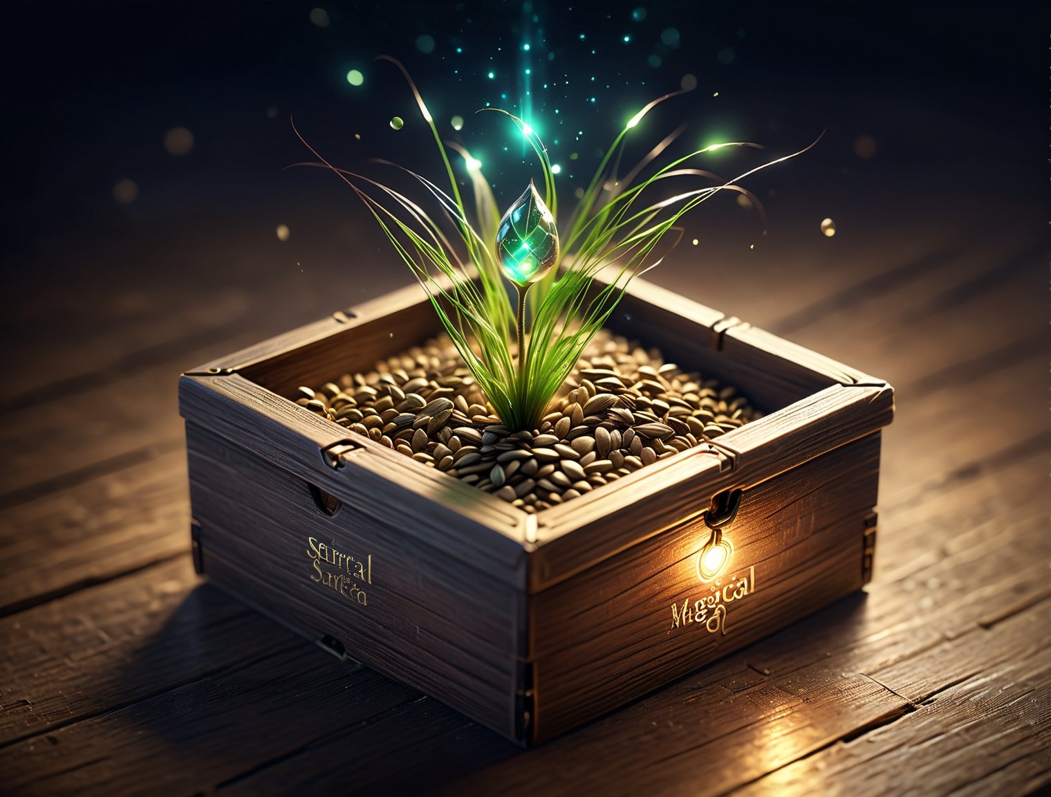 1 Glowing magical seed on a small box, dynamic angle, depth of field, detail XL, realistic
