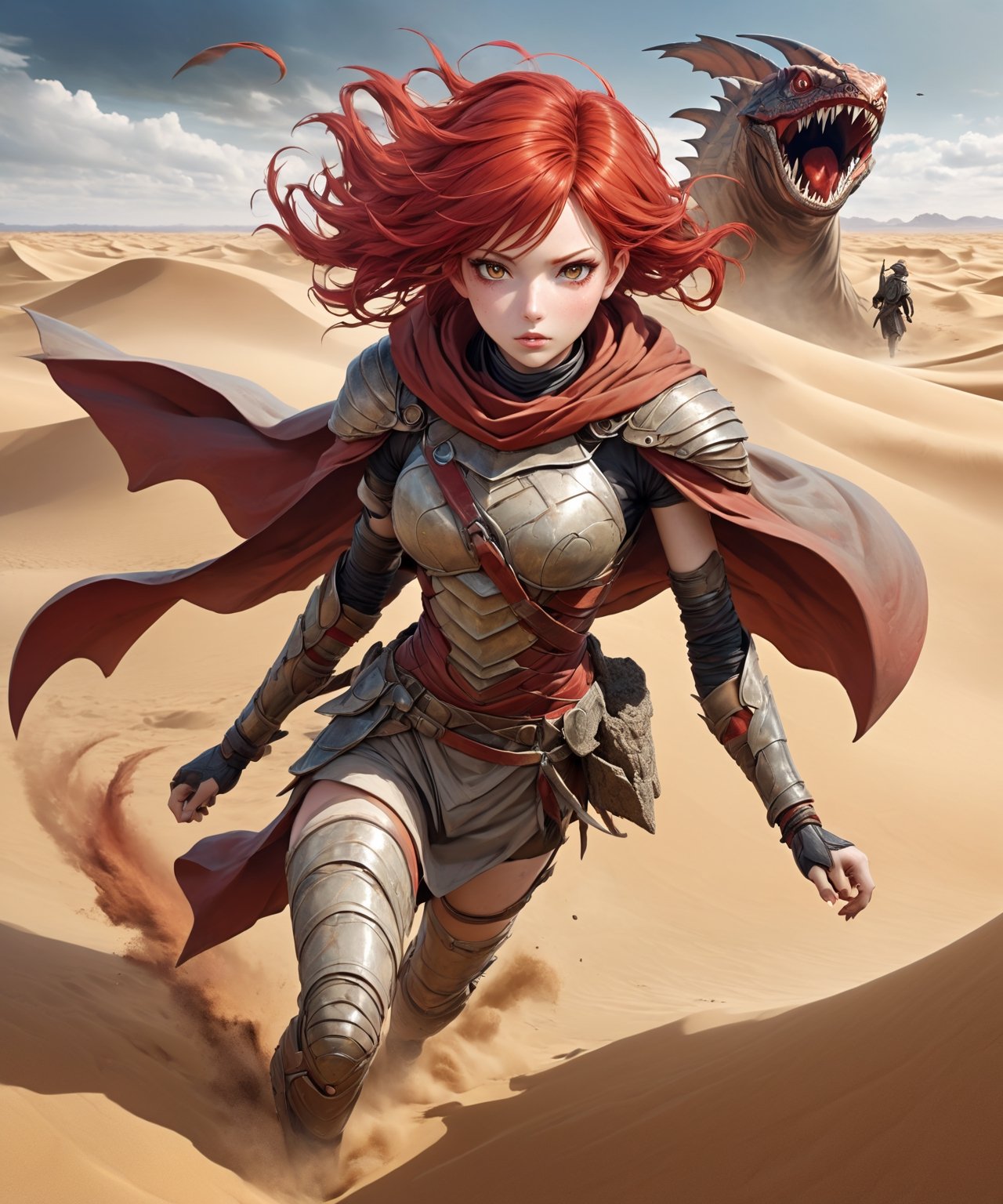 Surrealist anime art style, a lone red hair female warrior wearing cape in apocalyptic sand dunes, running at viewers, gigantic sandworm with spikes and tough scales chasing from back, more detail XL,realistic