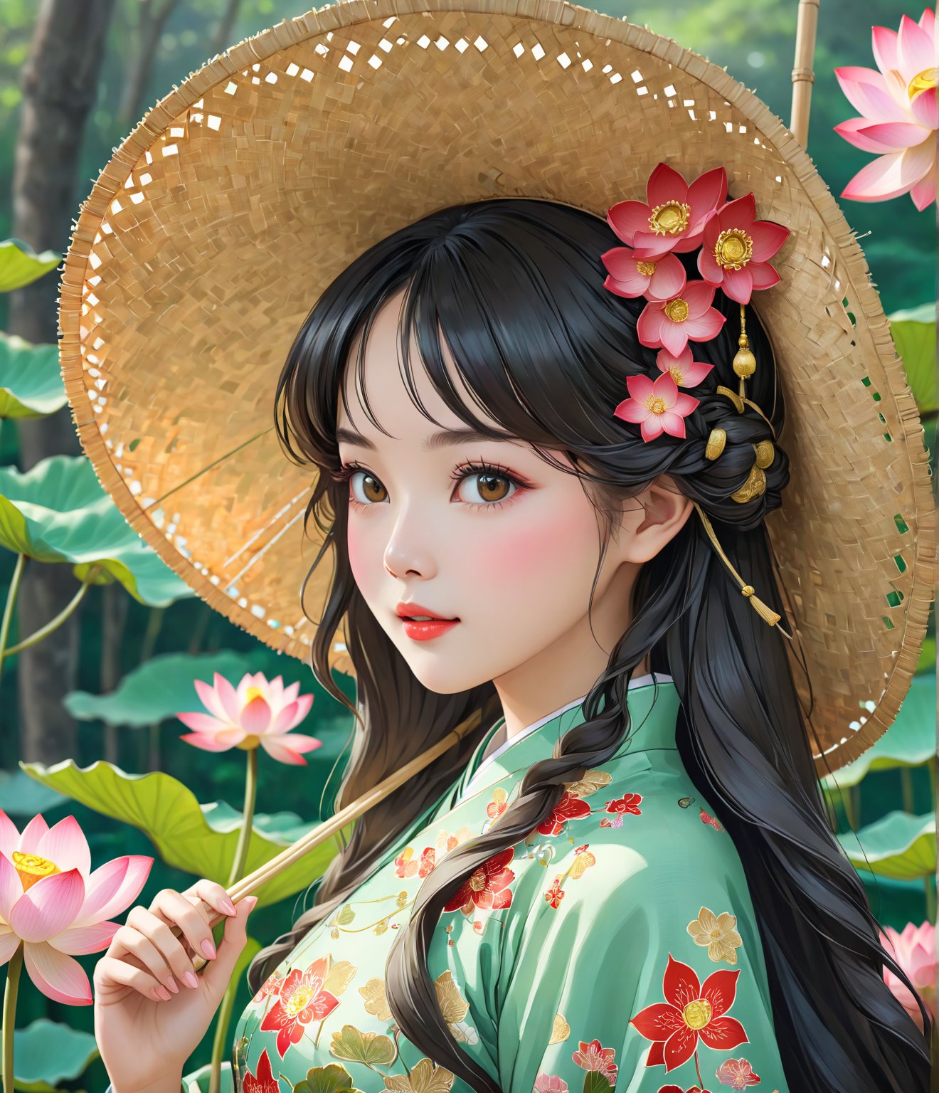 Masterpiece, 4K, ultra detailed, anime Style, 1 beautiful woman with long wavy hair and glossy lips wearing traditional Vietnamese outfit with straw hat, lotus flowers, SFW, depth of field,ao_dai_tet_xl, ukiyoe art style,